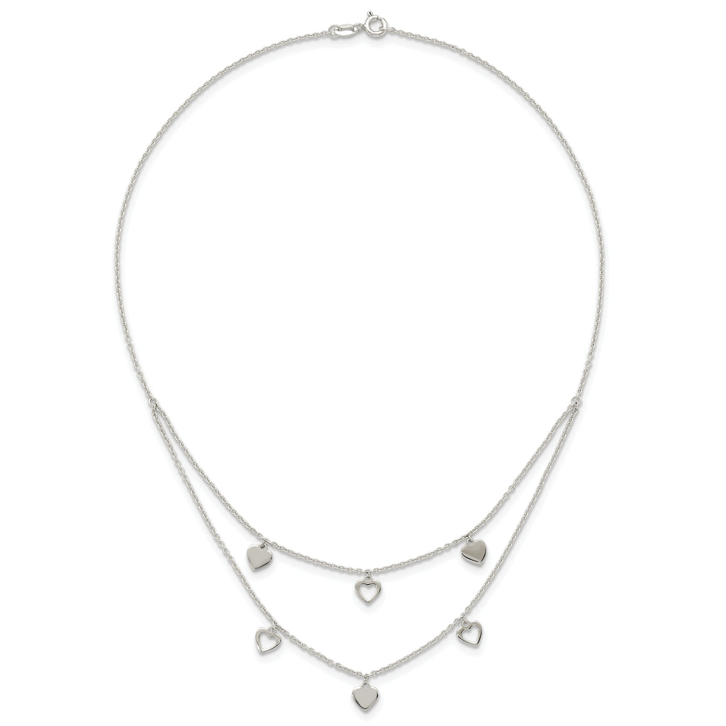 Sterling Silver Polished Double Strand Heart Station 15.75 inch Necklace