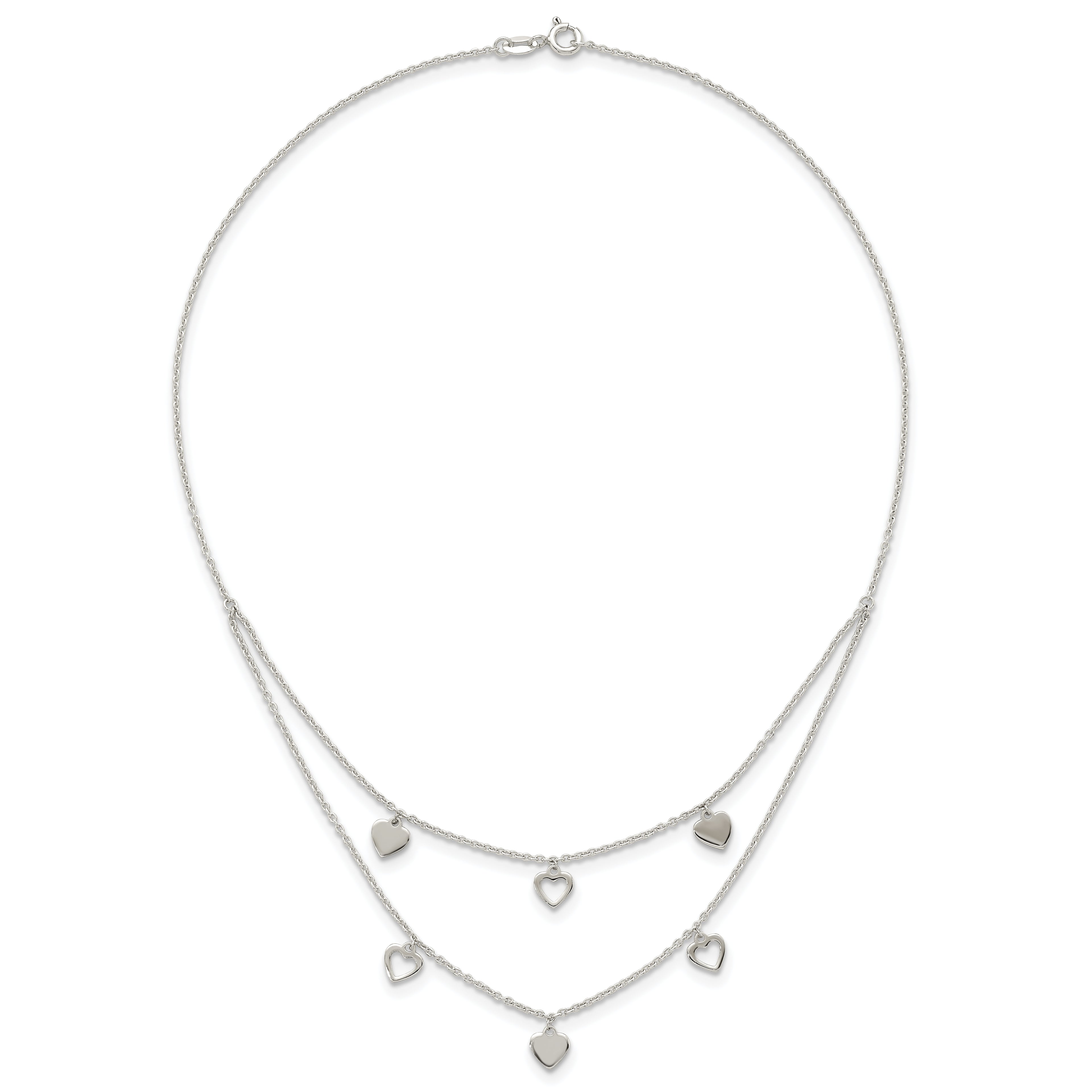 Sterling Silver Polished Double Strand Heart Station 15.75 inch Necklace