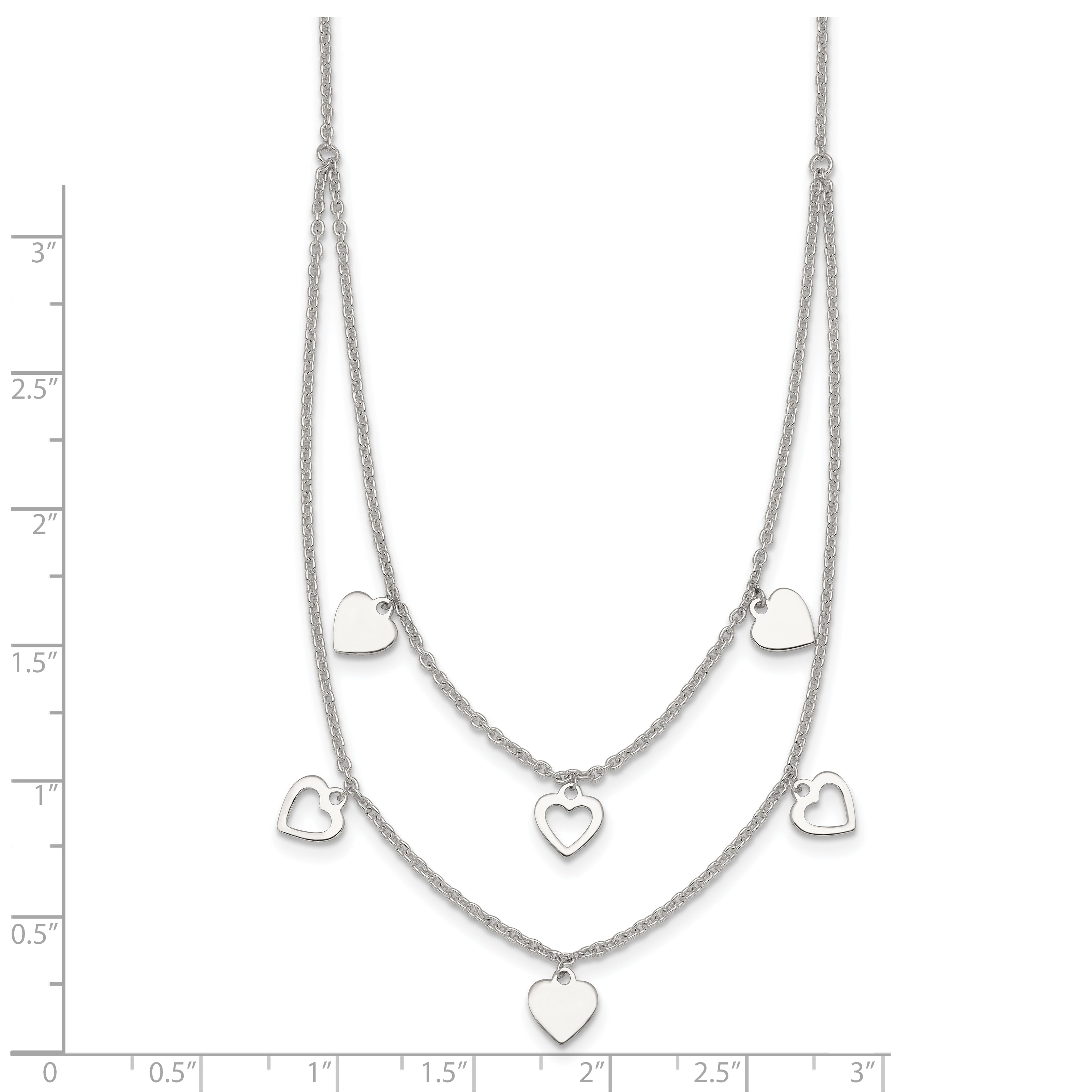 Sterling Silver Polished Double Strand Heart Station 15.75 inch Necklace