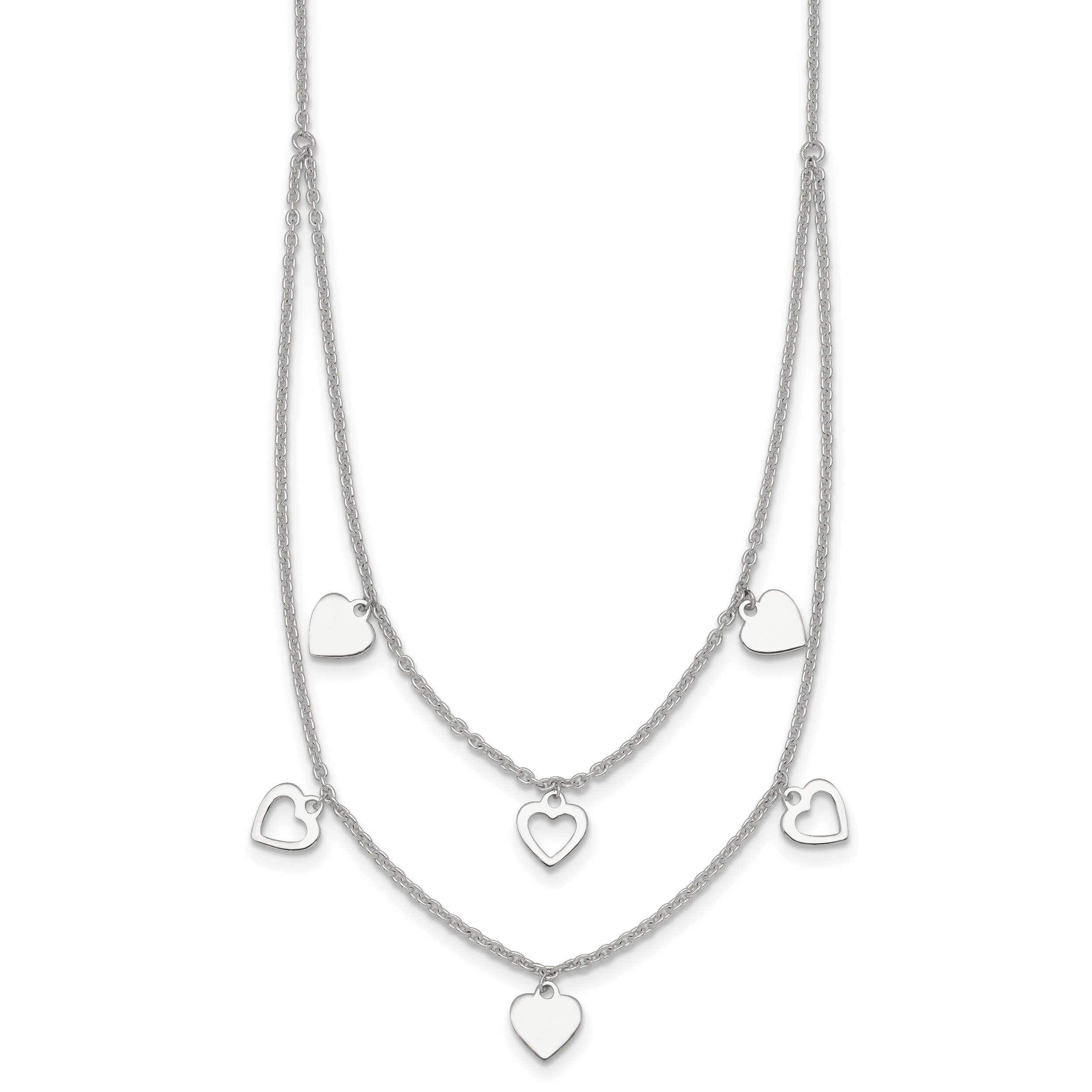 Sterling Silver Polished Double Strand Heart Station 15.75 inch Necklace Main image