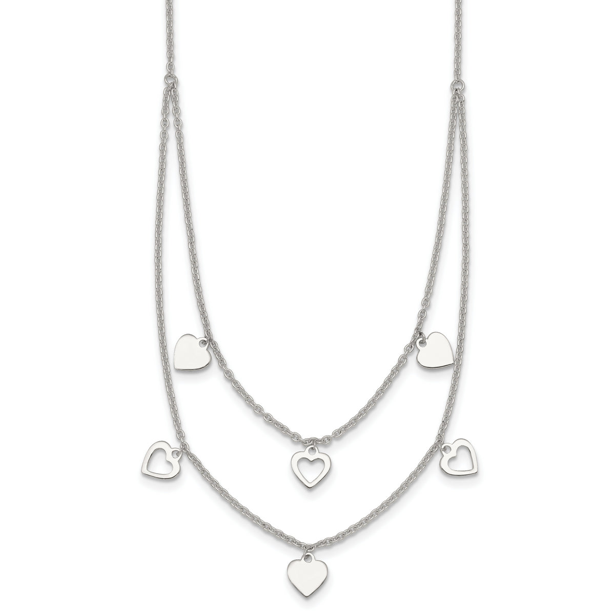 Sterling Silver Polished Double Strand Heart Station 15.75 inch Necklace