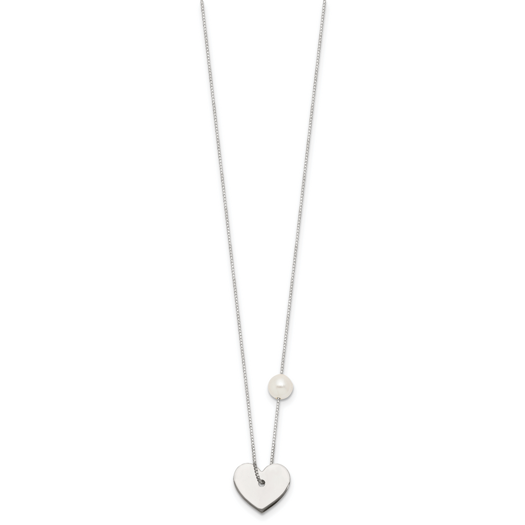 Sterling Silver Polished Heart and Glass Pearl 16 inch Necklace