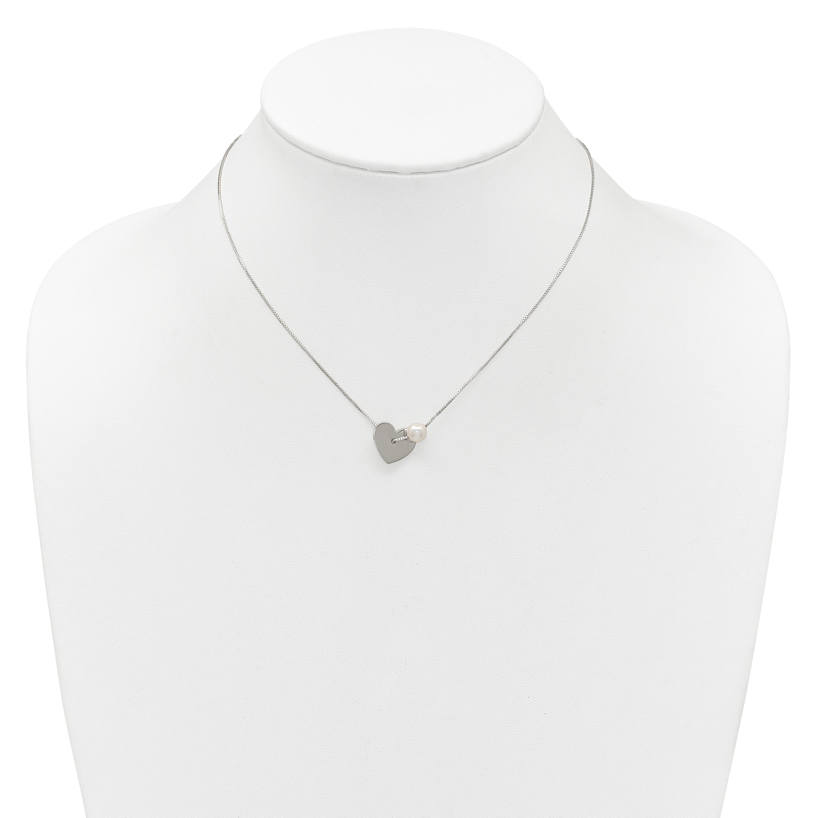 Sterling Silver Polished Heart and Glass Pearl 16 inch Necklace