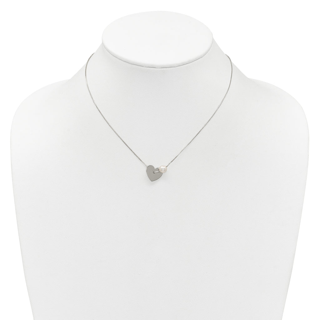 Sterling Silver Polished Heart and Glass Pearl 16 inch Necklace