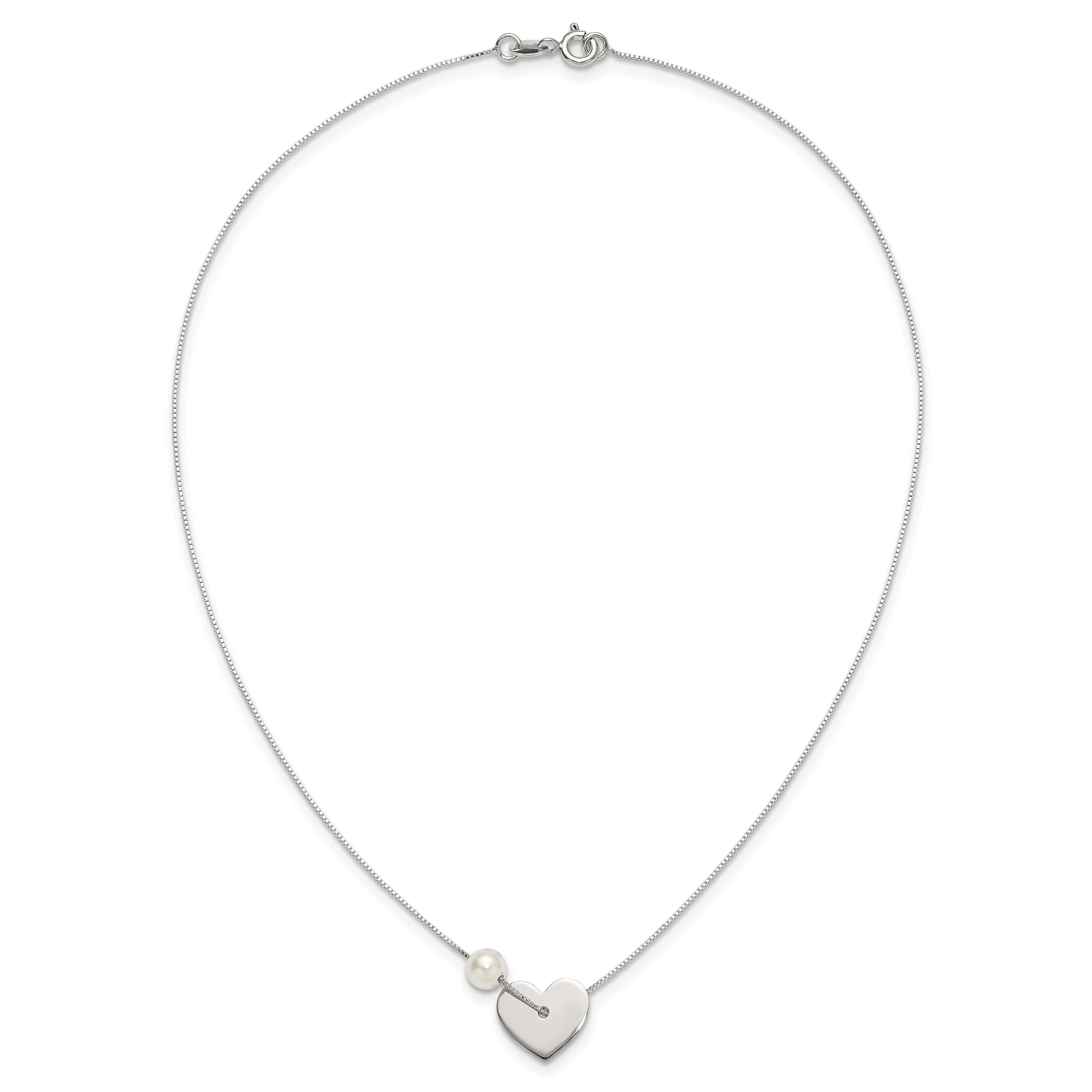 Sterling Silver Polished Heart and Glass Pearl 16 inch Necklace