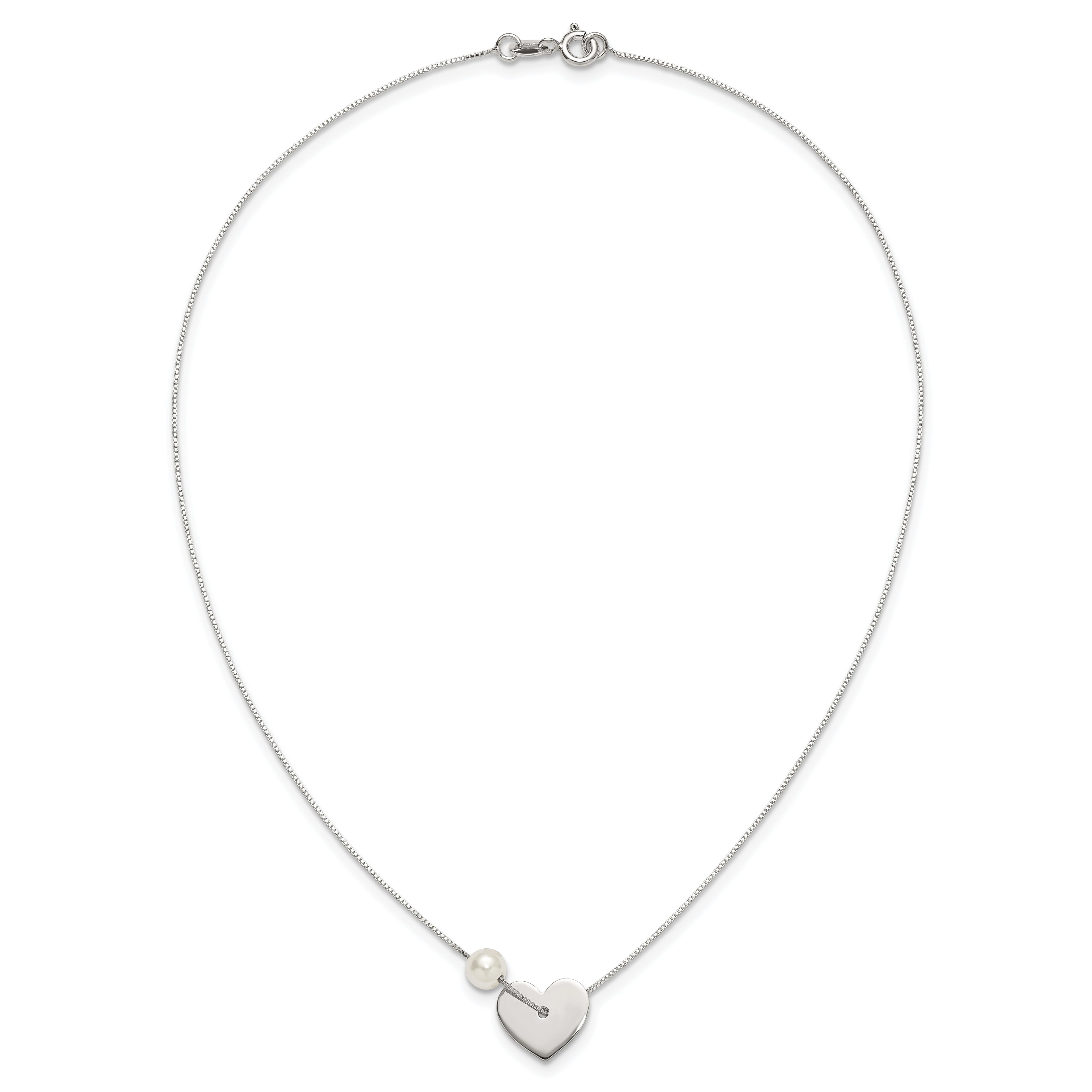 Sterling Silver Polished Heart and Glass Pearl 16 inch Necklace