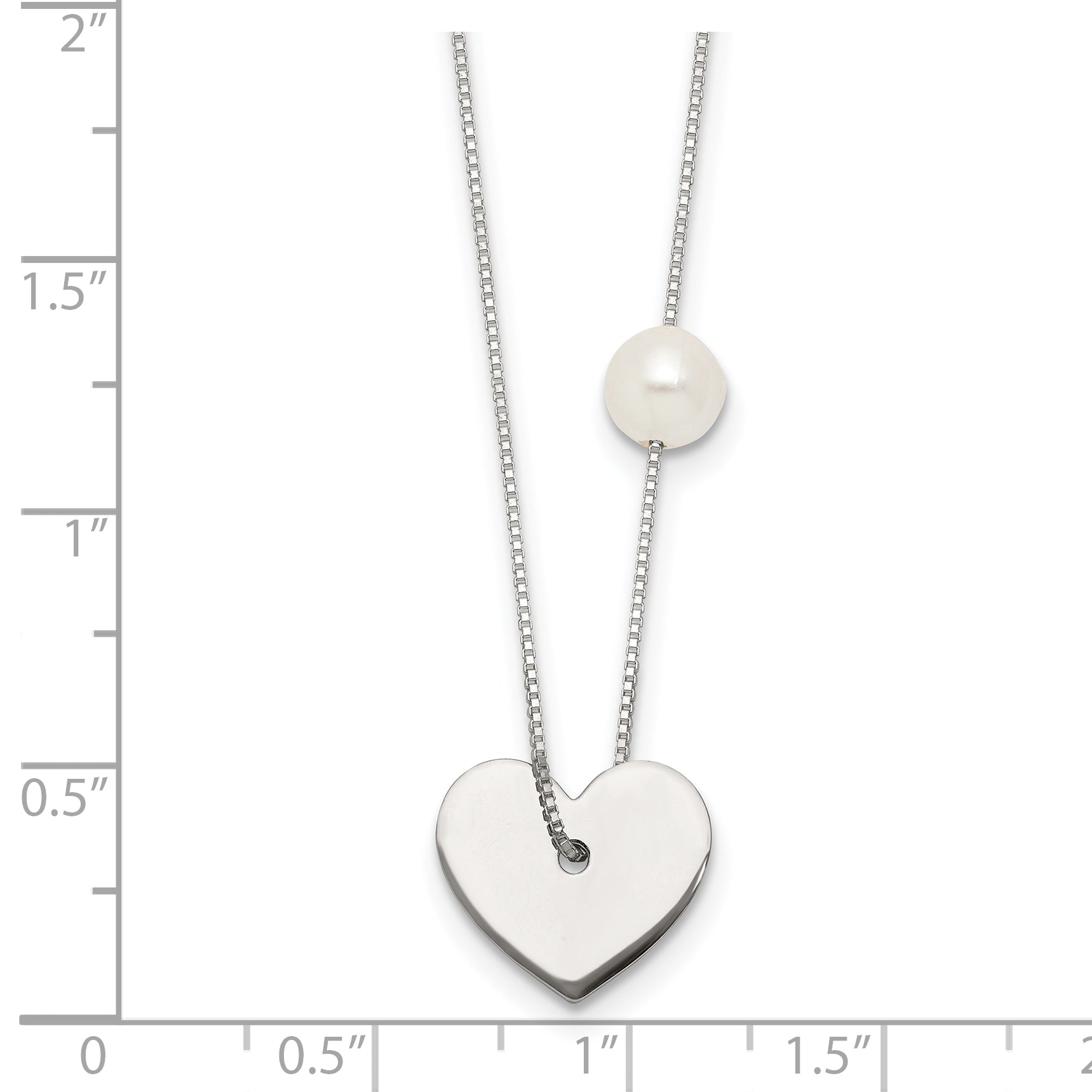 Sterling Silver Polished Heart and Glass Pearl 16 inch Necklace