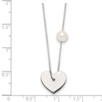 Sterling Silver Polished Heart and Glass Pearl 16 inch Necklace