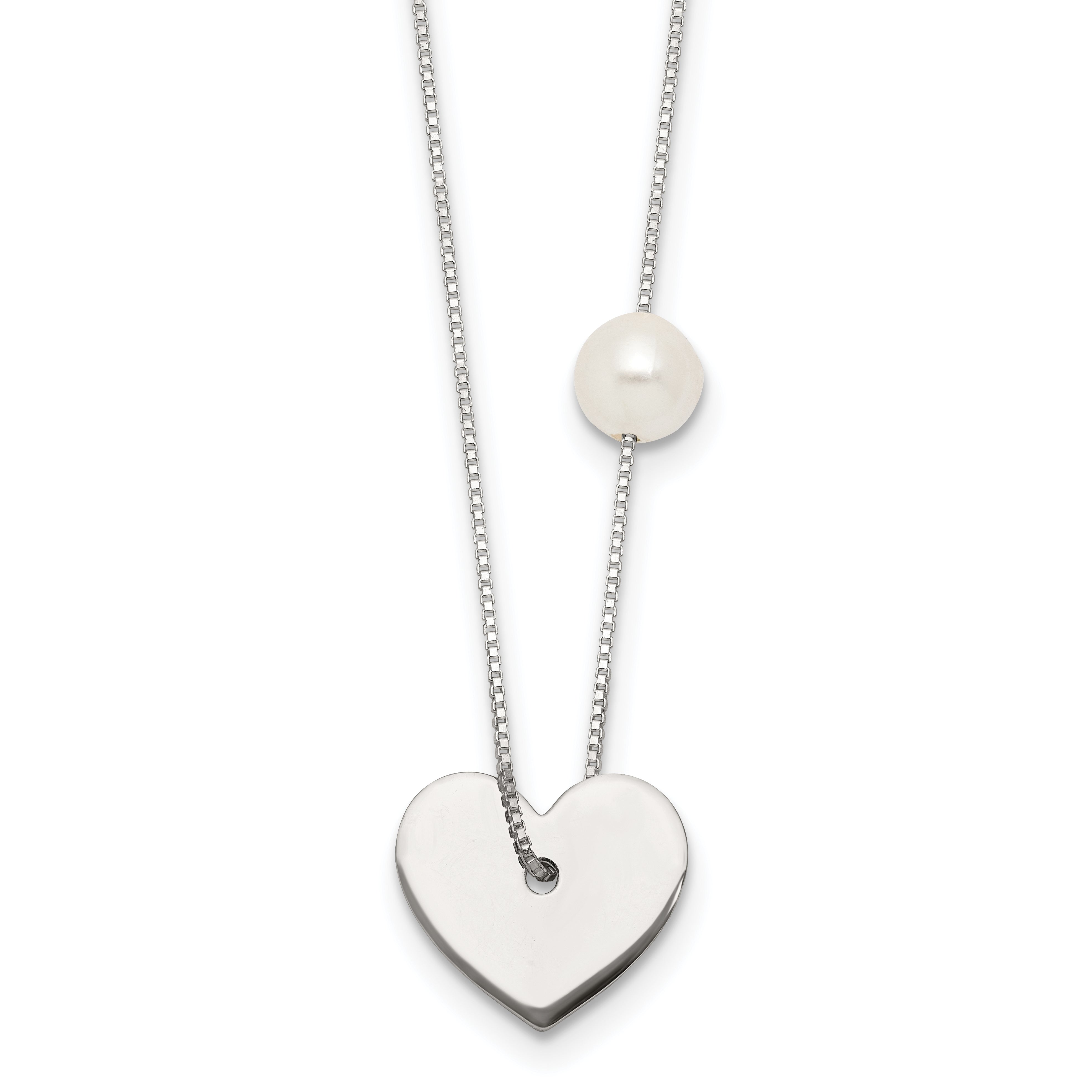 Sterling Silver Polished Heart and Glass Pearl 16 inch Necklace