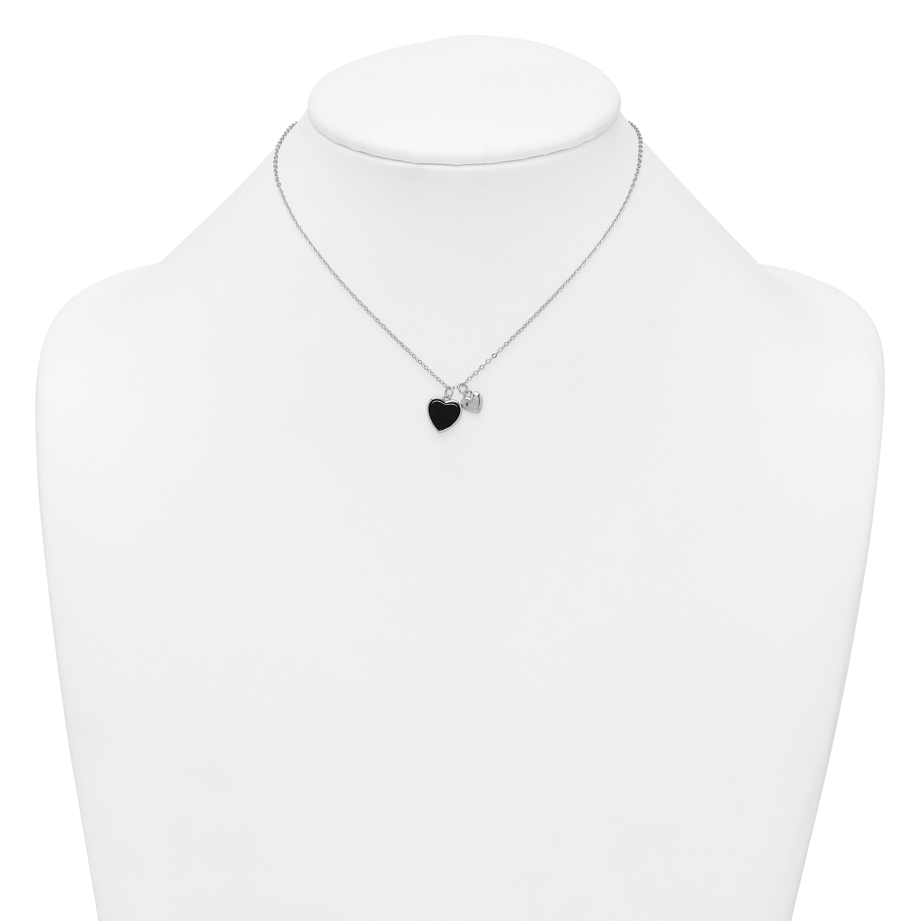 Sterling Silver Rhodium-plated Polished Onyx and CZ Hearts 14 Inch with 3 Inch Extension Children's Necklace