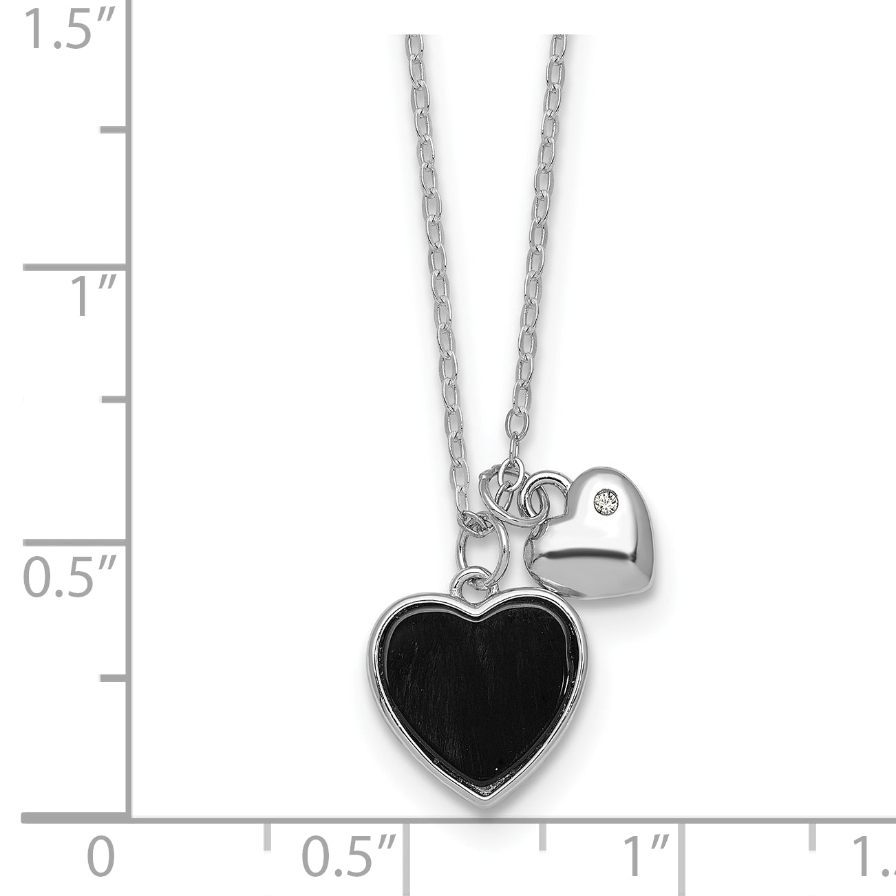Sterling Silver Rhodium-plated Polished Onyx and CZ Hearts 14 Inch with 3 Inch Extension Children's Necklace