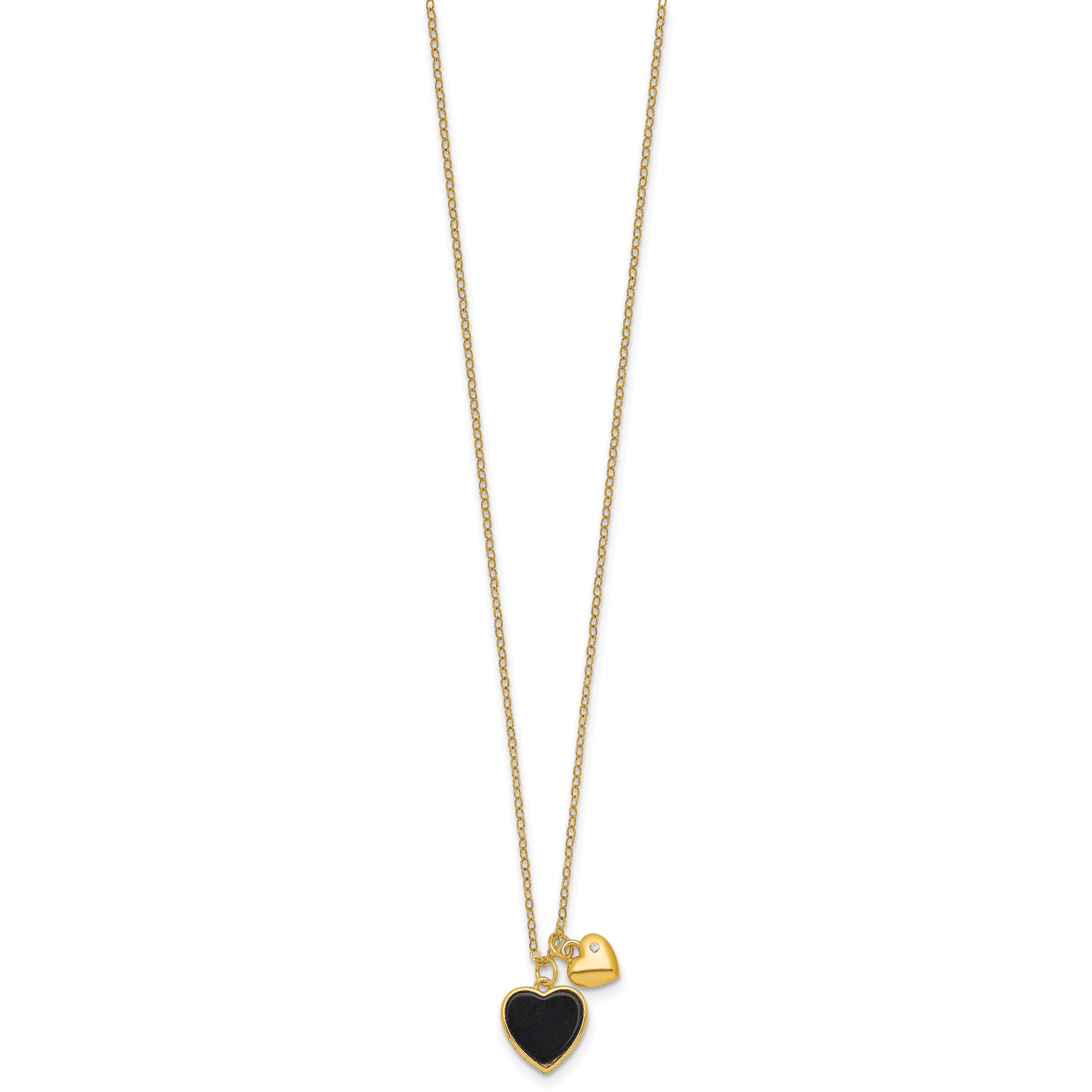 Sterling Silver Gold-tone Polished Onyx and CZ Hearts 14 Inch with 3 Inch Extension Children's Necklace