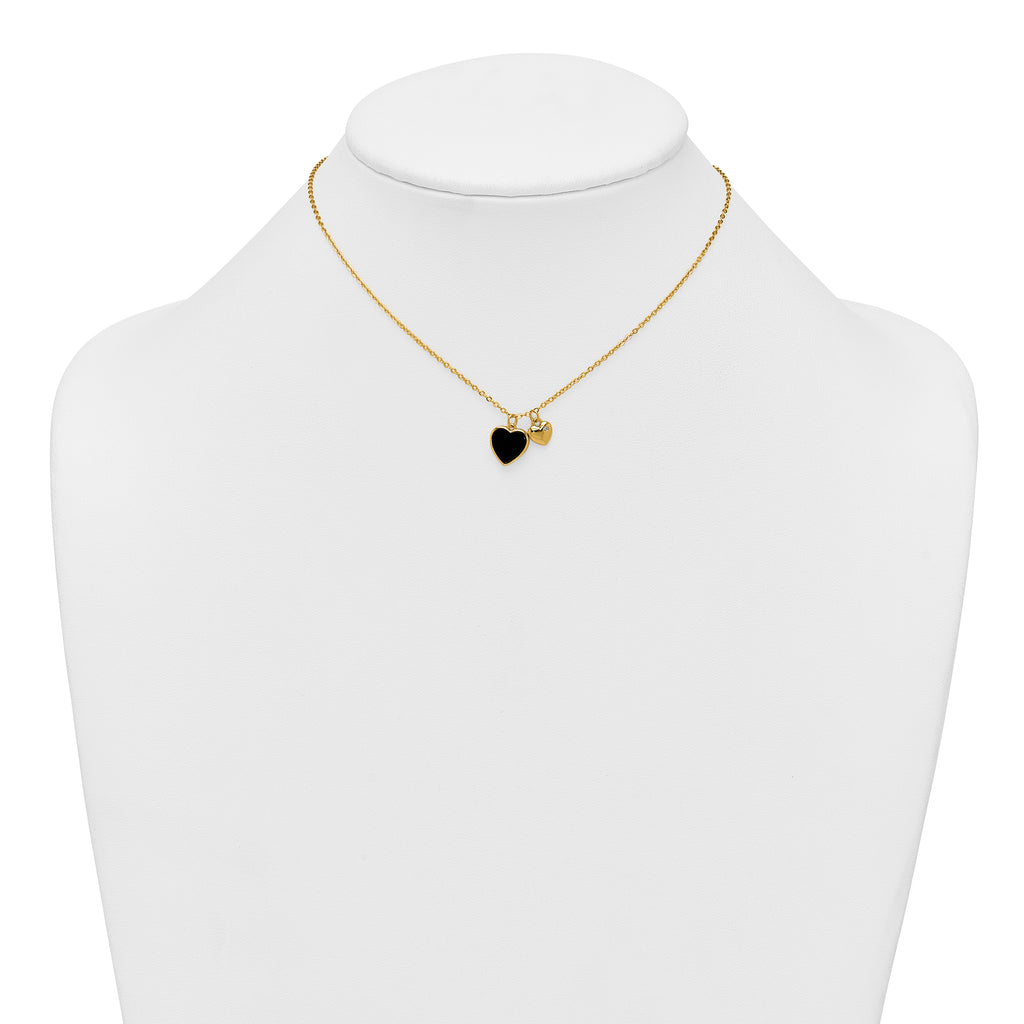 Sterling Silver Gold-tone Polished Onyx and CZ Hearts 14 Inch with 3 Inch Extension Children's Necklace