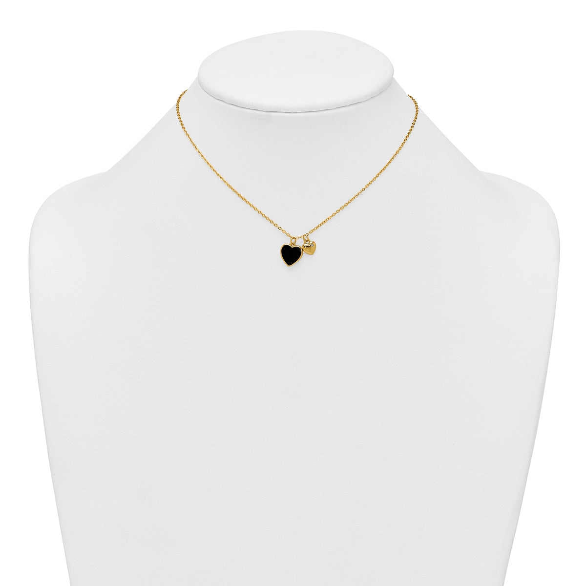 Sterling Silver Gold-tone Polished Onyx and CZ Hearts 14 Inch with 3 Inch Extension Children's Necklace