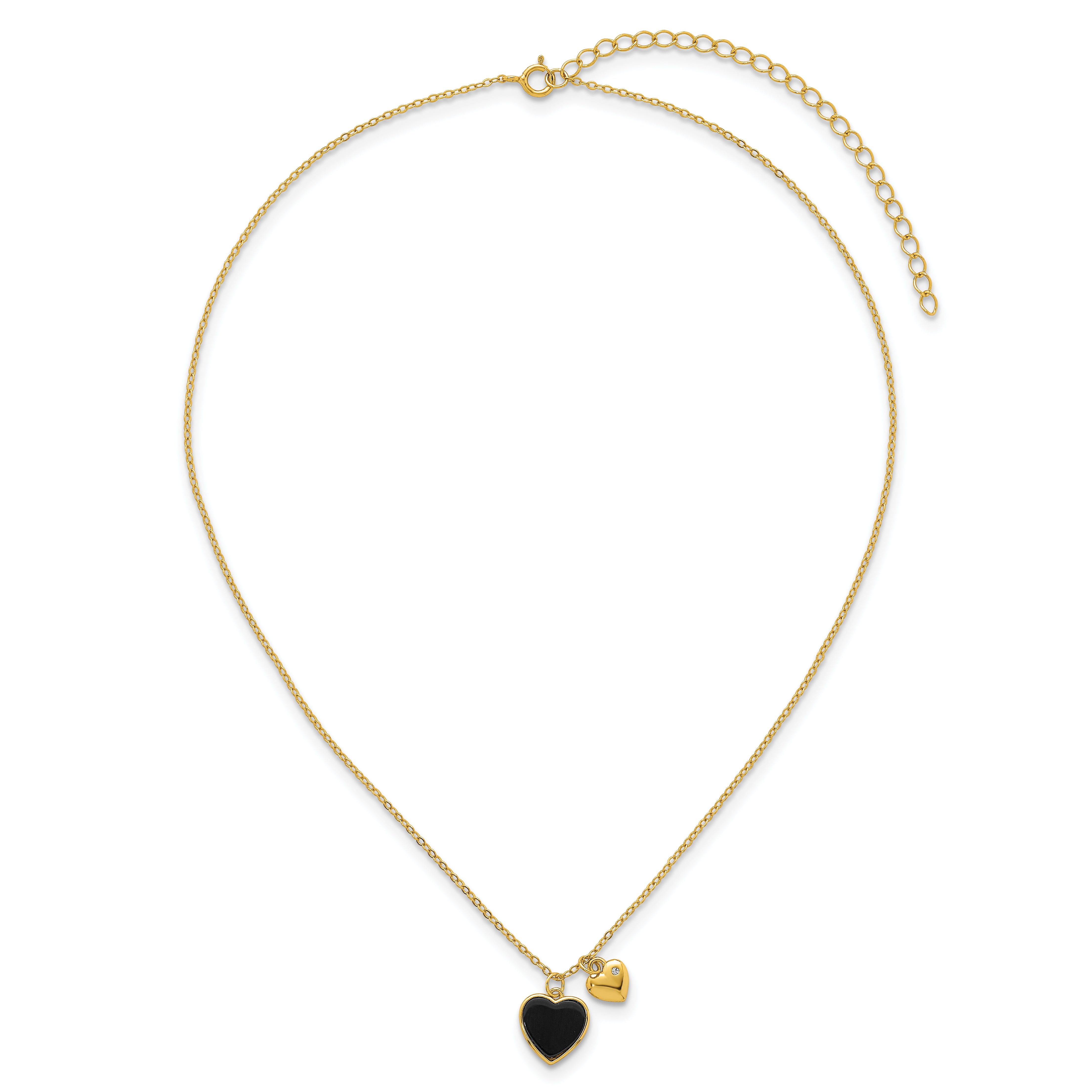 Sterling Silver Gold-tone Polished Onyx and CZ Hearts 14 Inch with 3 Inch Extension Children's Necklace