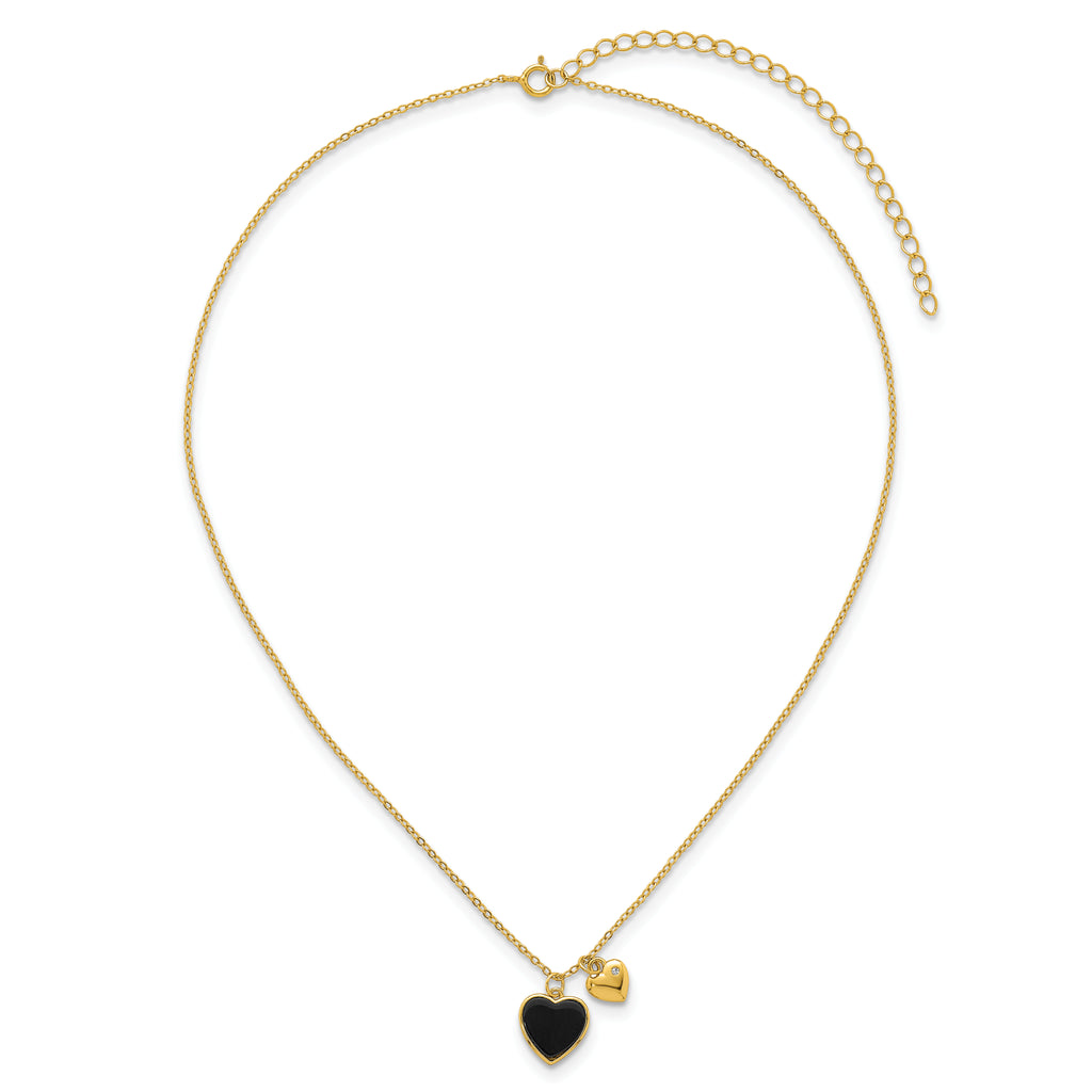 Sterling Silver Gold-tone Polished Onyx and CZ Hearts 14 Inch with 3 Inch Extension Children's Necklace