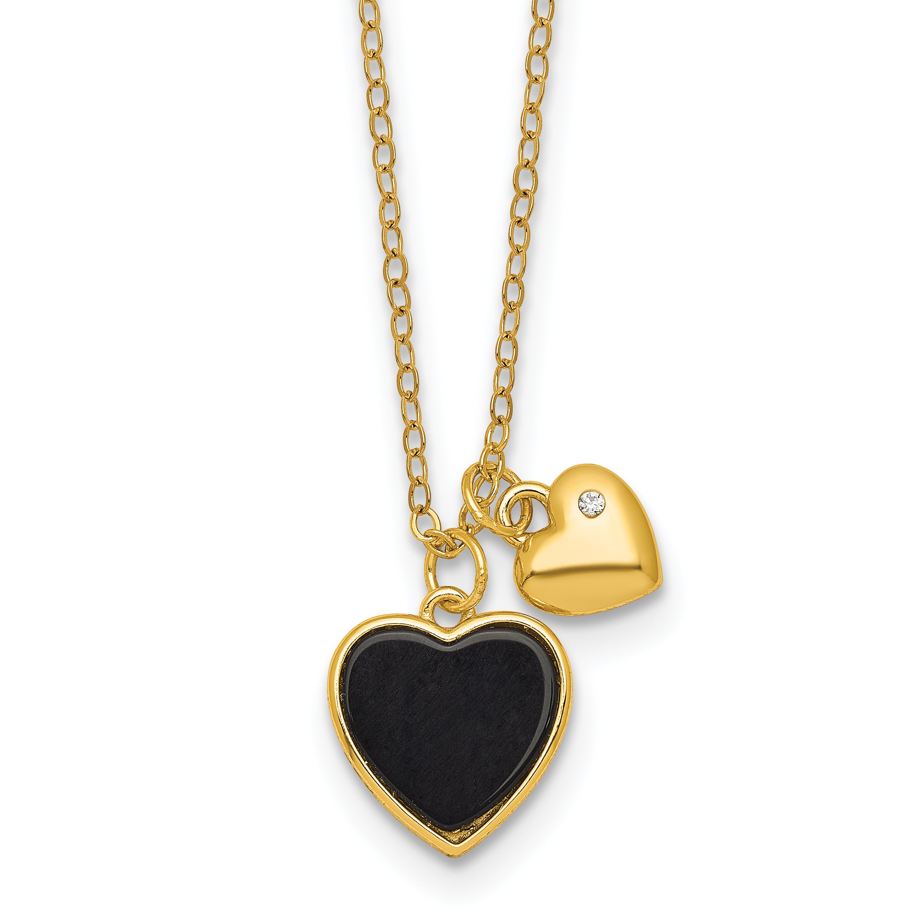 Sterling Silver Gold-tone Polished Onyx and CZ Hearts 14 Inch with 3 Inch Extension Children's Necklace Main image