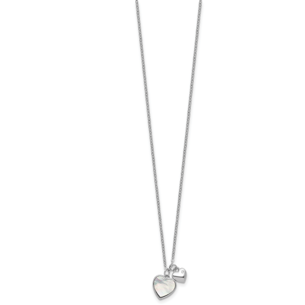 Sterling Silver Rhodium-plated Polished Mother of Pearl and CZ Hearts 14 Inch with 3 Inch Extension Children's Necklace