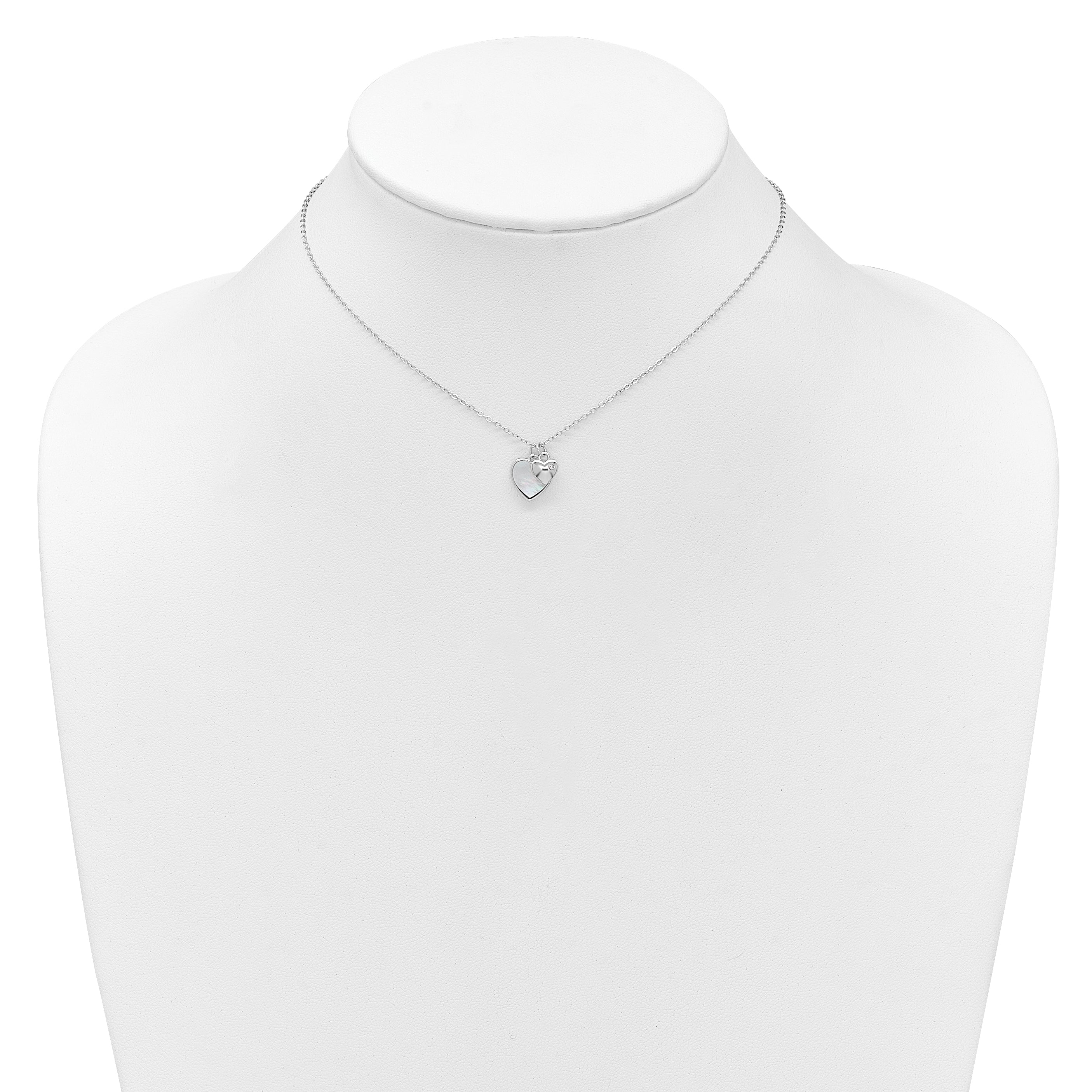 Sterling Silver Rhodium-plated Polished Mother of Pearl and CZ Hearts 14 Inch with 3 Inch Extension Children's Necklace