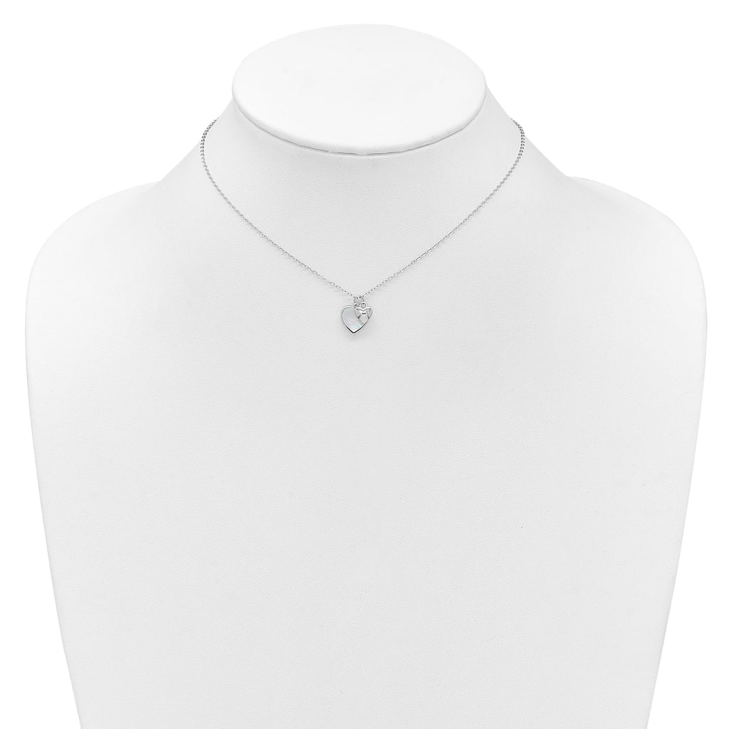 Sterling Silver Rhodium-plated Polished Mother of Pearl and CZ Hearts 14 Inch with 3 Inch Extension Children's Necklace