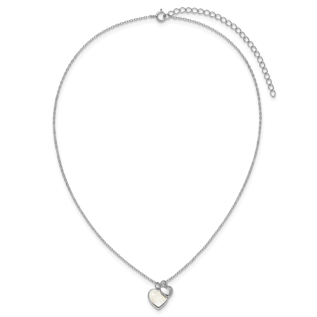 Sterling Silver Rhodium-plated Polished Mother of Pearl and CZ Hearts 14 Inch with 3 Inch Extension Children's Necklace