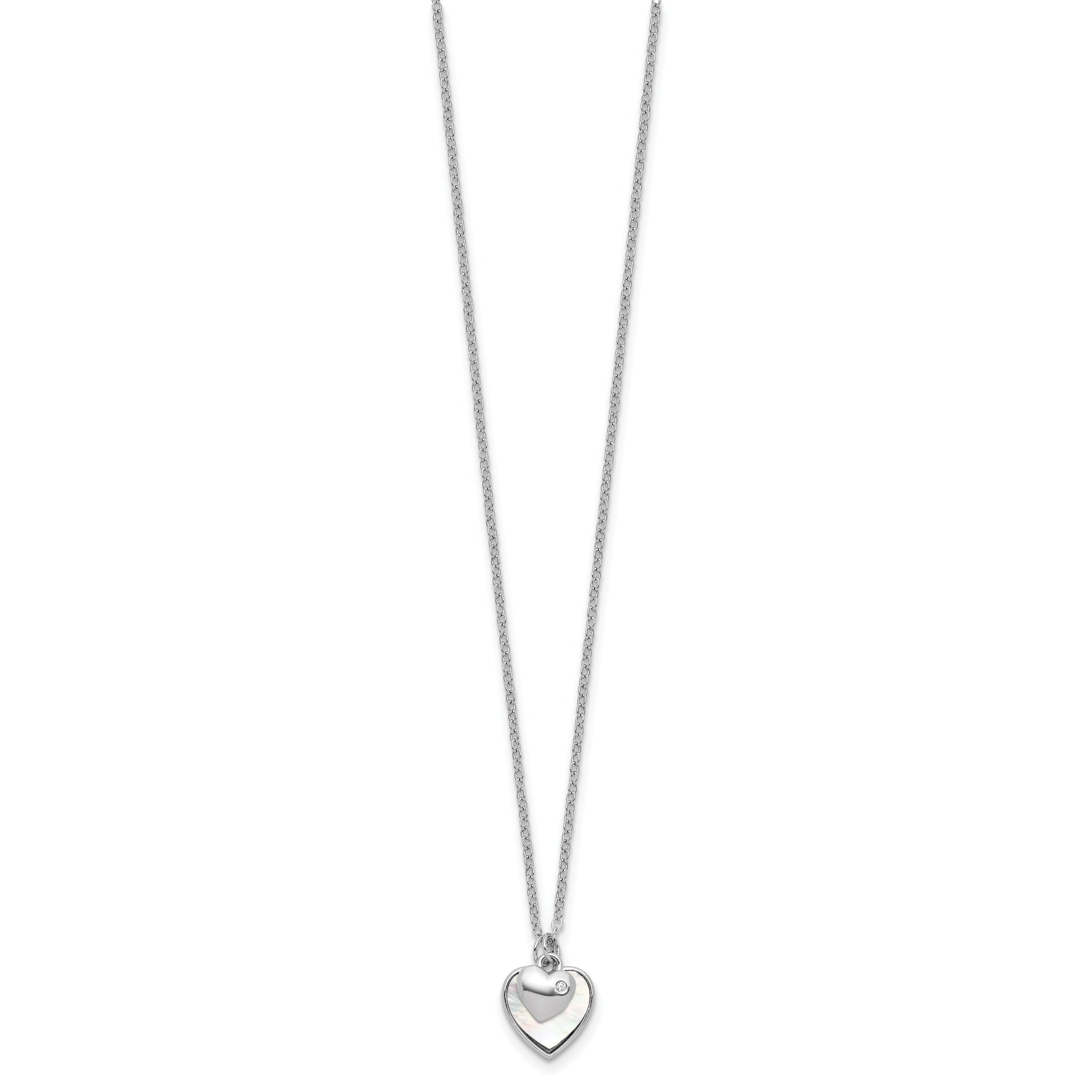Sterling Silver Rhodium-plated Polished Mother of Pearl and CZ Hearts 14 Inch with 3 Inch Extension Children's Necklace