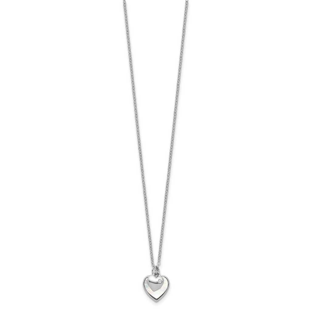 Sterling Silver Rhodium-plated Polished Mother of Pearl and CZ Hearts 14 Inch with 3 Inch Extension Children's Necklace
