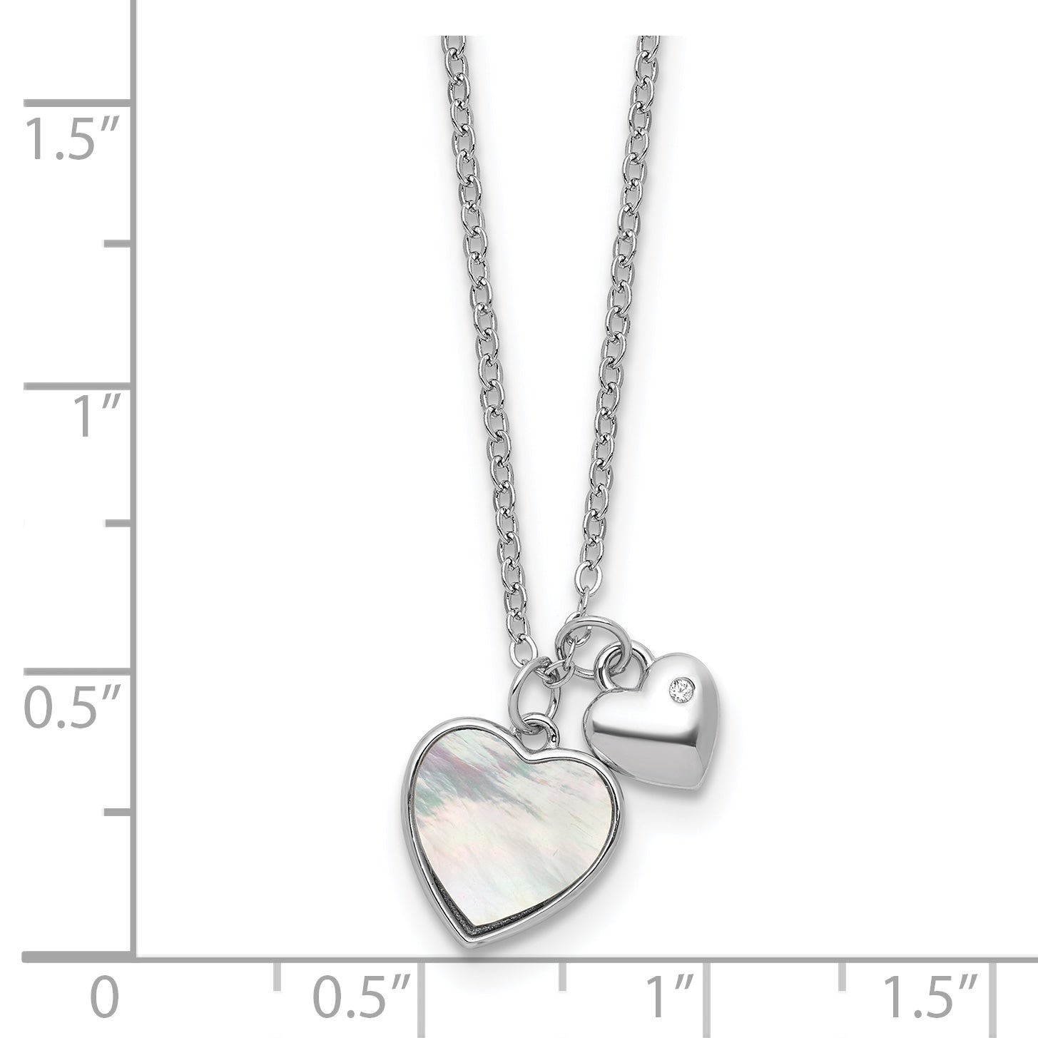 Sterling Silver Rhodium-plated Polished Mother of Pearl and CZ Hearts 14 Inch with 3 Inch Extension Children's Necklace