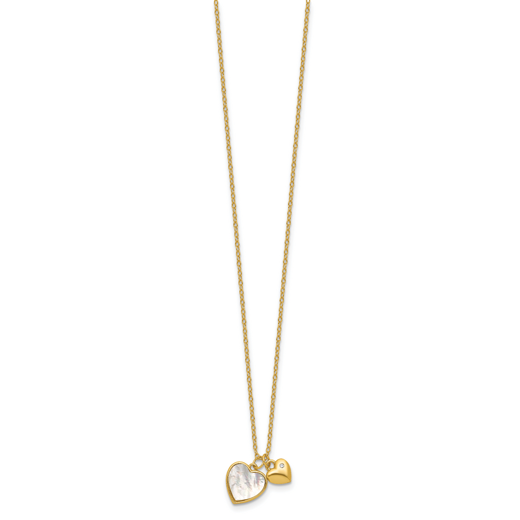 Sterling Silver Gold-tone Polished Mother of Pearl and CZ Hearts 14 Inch with 3 Inch Extension Children's Necklace