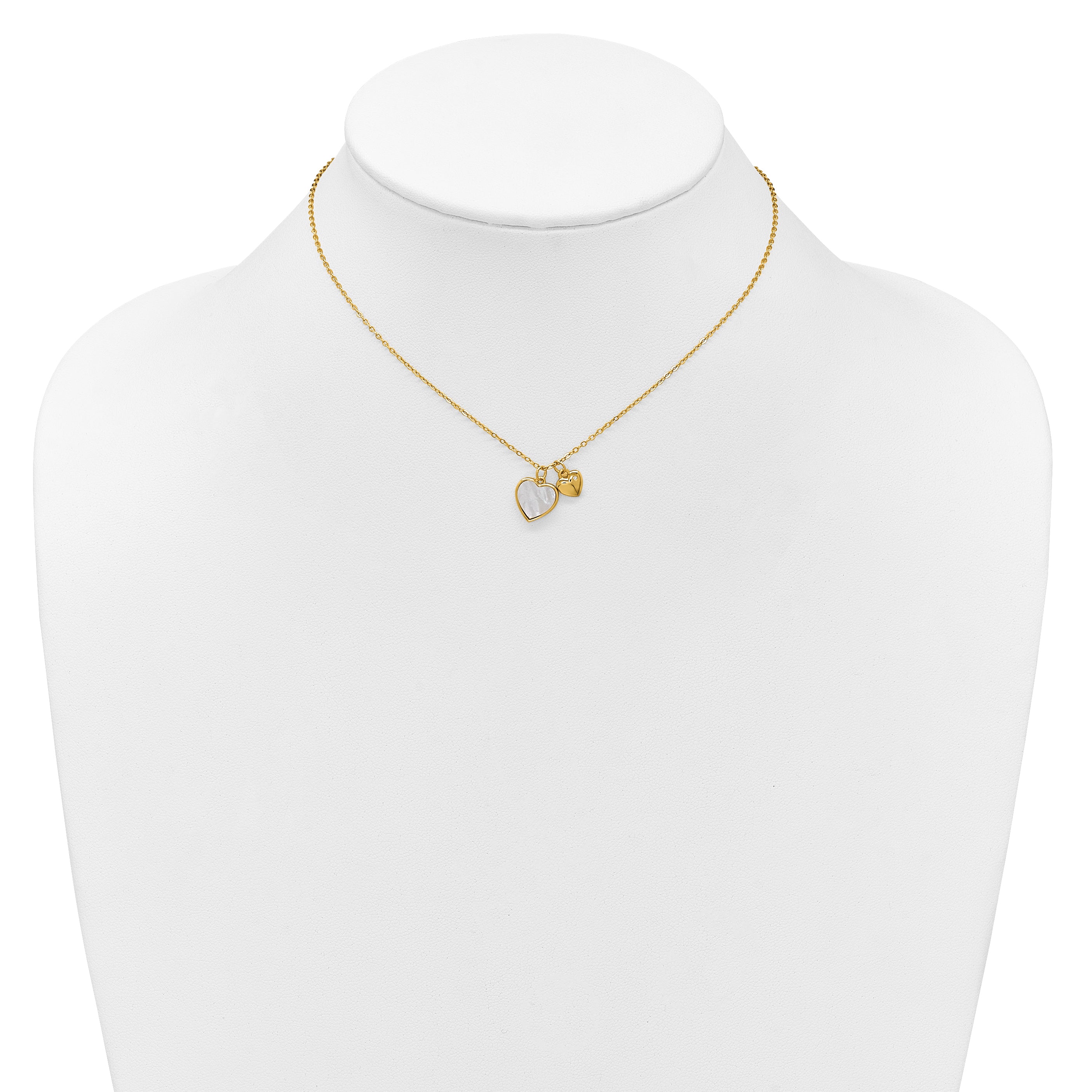 Sterling Silver Gold-tone Polished Mother of Pearl and CZ Hearts 14 Inch with 3 Inch Extension Children's Necklace