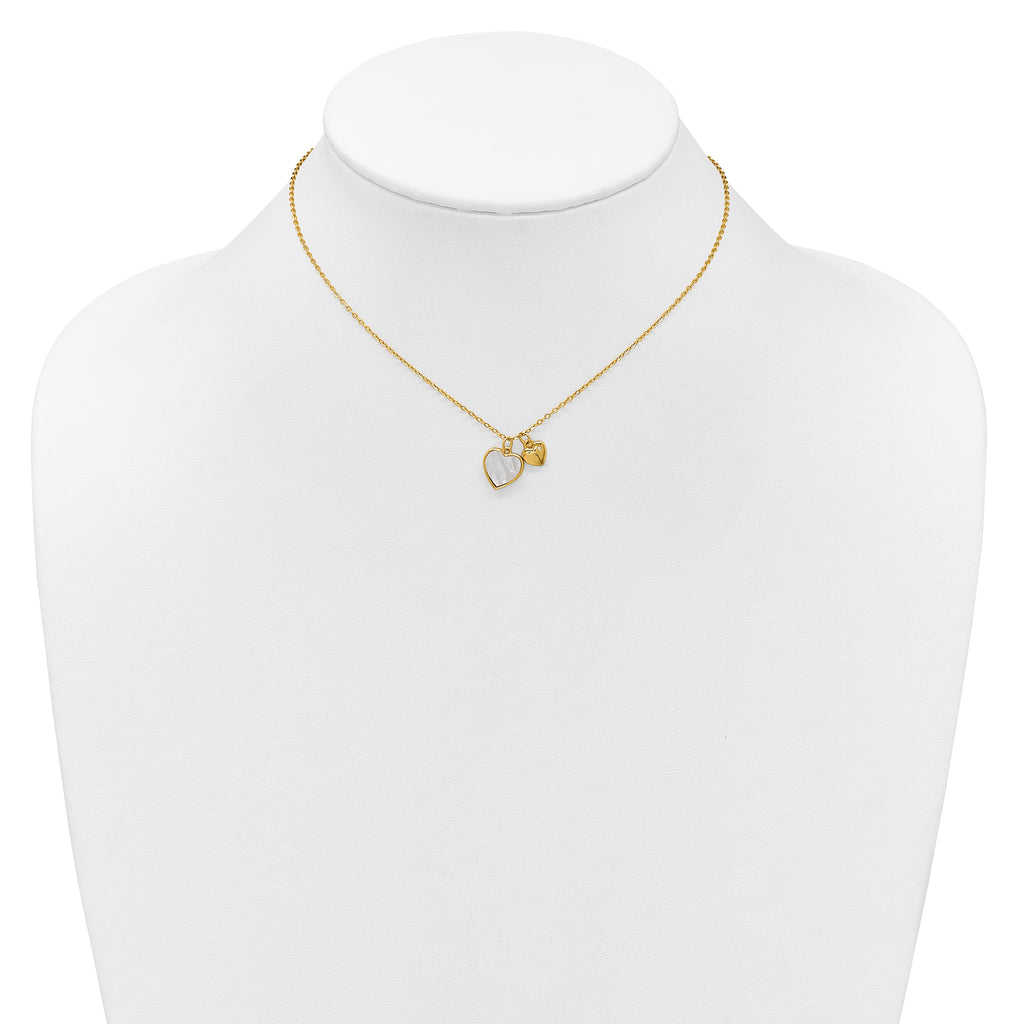 Sterling Silver Gold-plated Polished Mother of Pearl and CZ Hearts 14 Inch with 3 Inch Extension Children's Necklace
