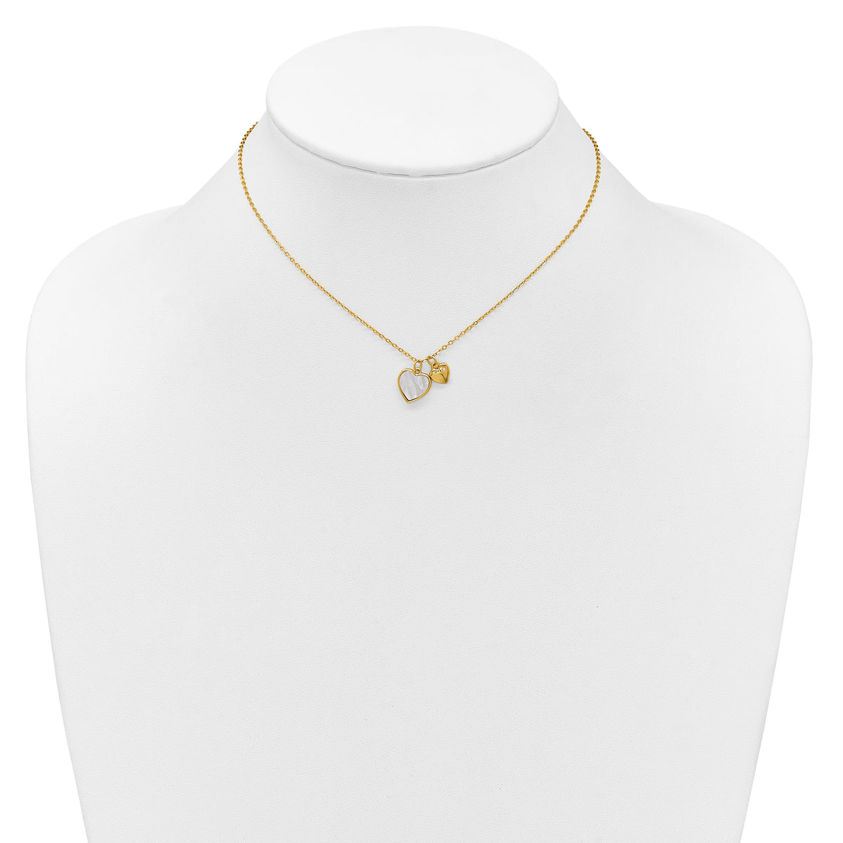 Sterling Silver Gold-plated Polished Mother of Pearl and CZ Hearts 14 Inch with 3 Inch Extension Children's Necklace
