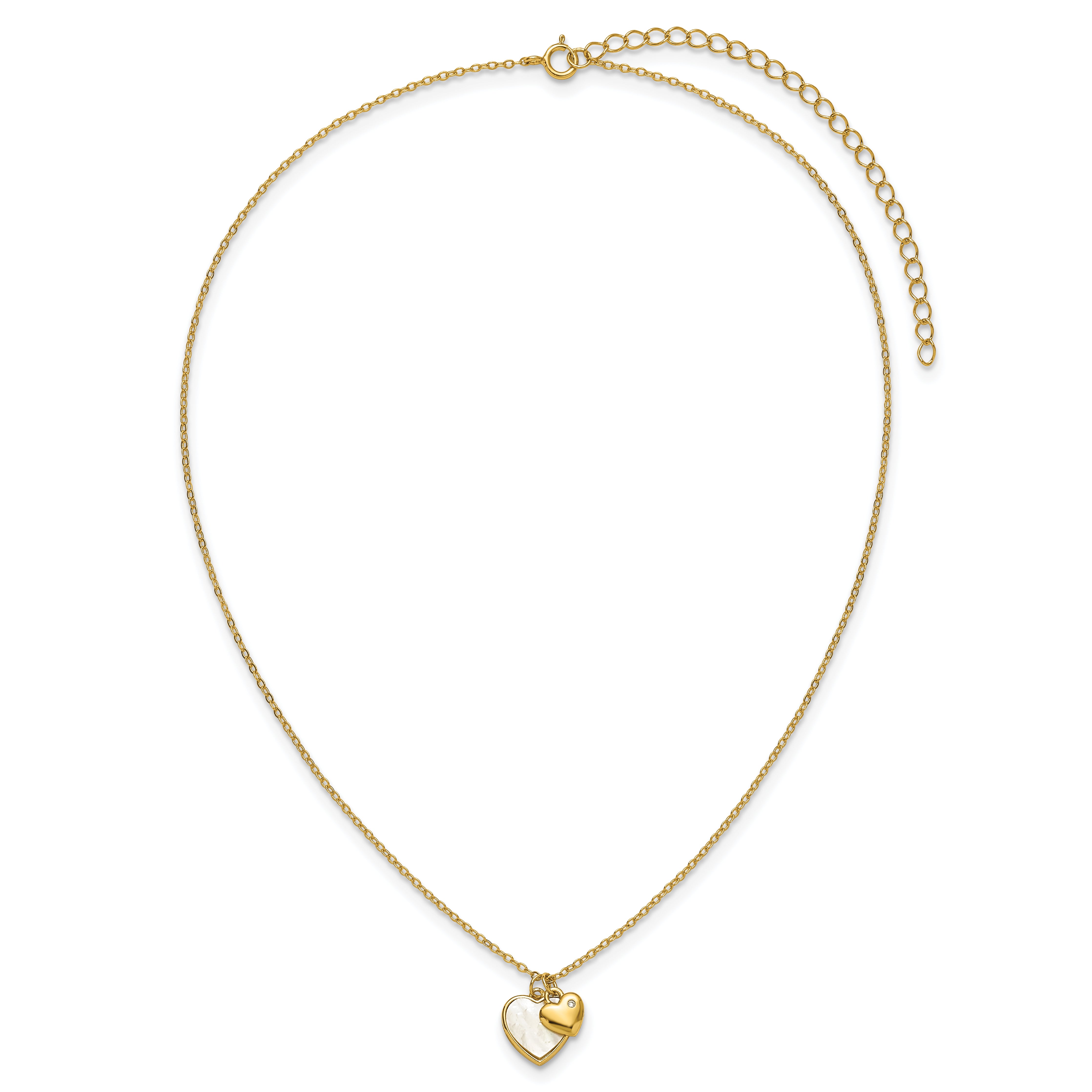 Sterling Silver Gold-tone Polished Mother of Pearl and CZ Hearts 14 Inch with 3 Inch Extension Children's Necklace