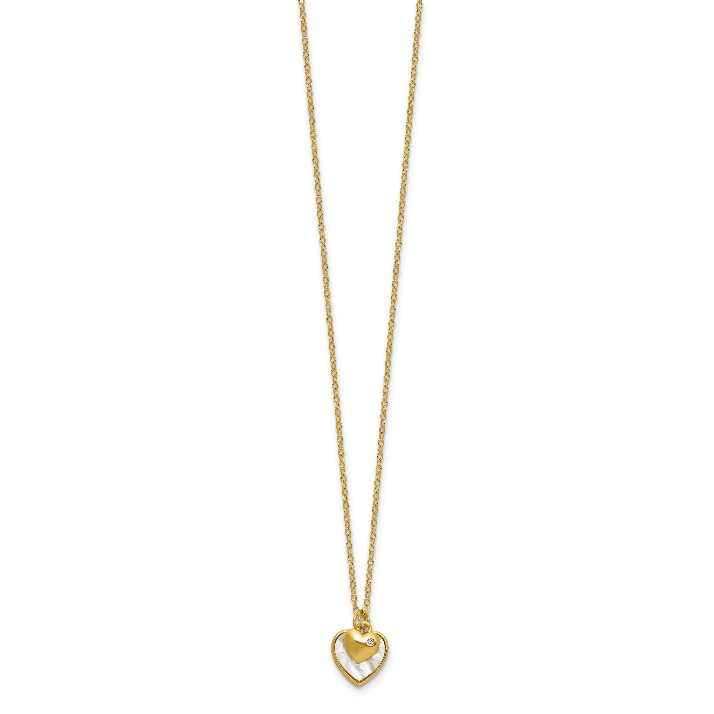 Sterling Silver Gold-tone Polished Mother of Pearl and CZ Hearts 14 Inch with 3 Inch Extension Children's Necklace