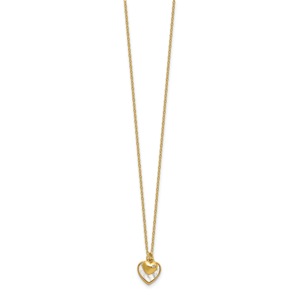 Sterling Silver Gold-tone Polished Mother of Pearl and CZ Hearts 14 Inch with 3 Inch Extension Children's Necklace