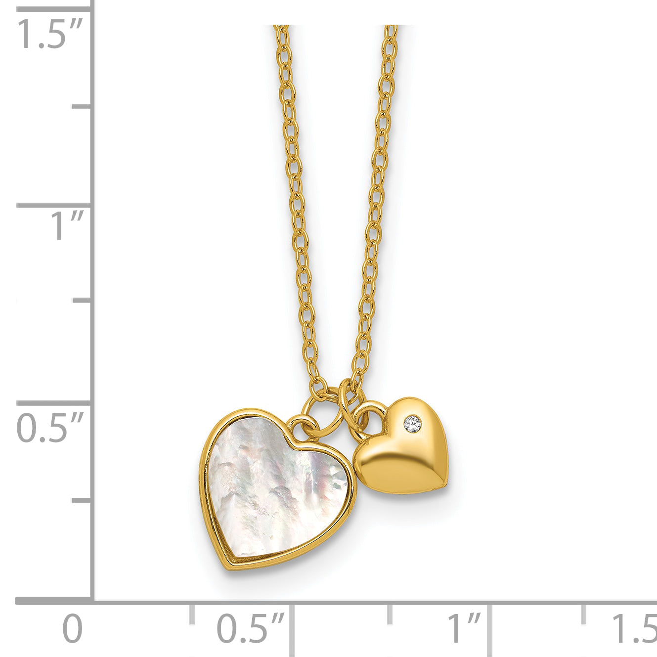 Sterling Silver Gold-tone Polished Mother of Pearl and CZ Hearts 14 Inch with 3 Inch Extension Children's Necklace