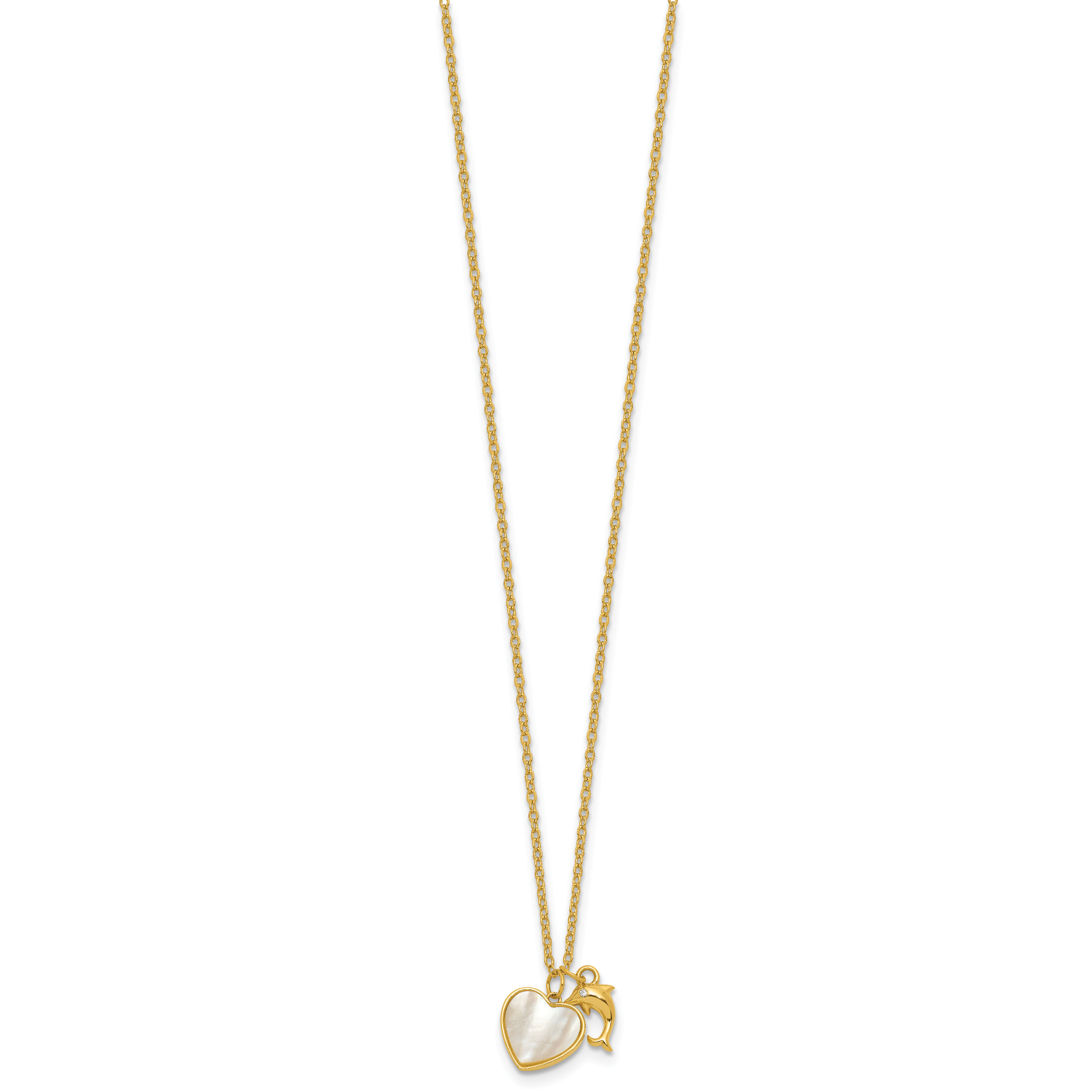 Sterling Silver Gold-tone Polished Mother of Pearl and CZ Heart and Dolphin 16 Inch with 2 Inch Extension Necklace Secondary image