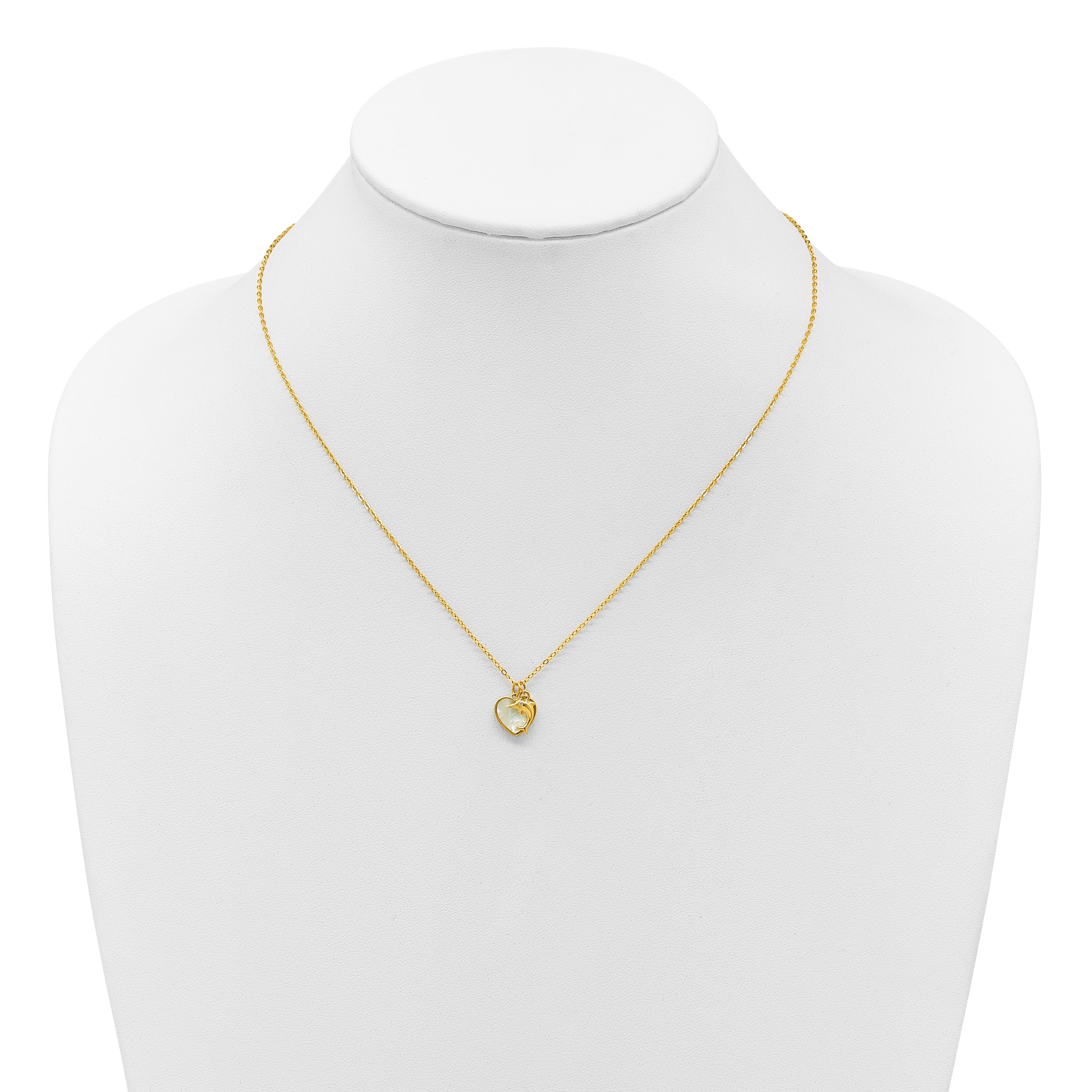 Sterling Silver Gold-tone Polished Mother of Pearl and CZ Heart and Dolphin 16 Inch with 2 Inch Extension Necklace