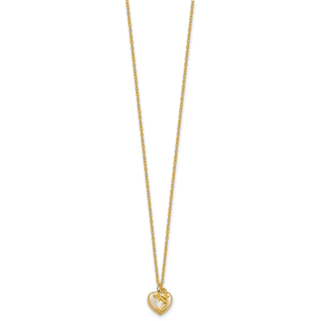 Sterling Silver Gold-tone Polished Mother of Pearl and CZ Heart and Dolphin 16 Inch with 2 Inch Extension Necklace