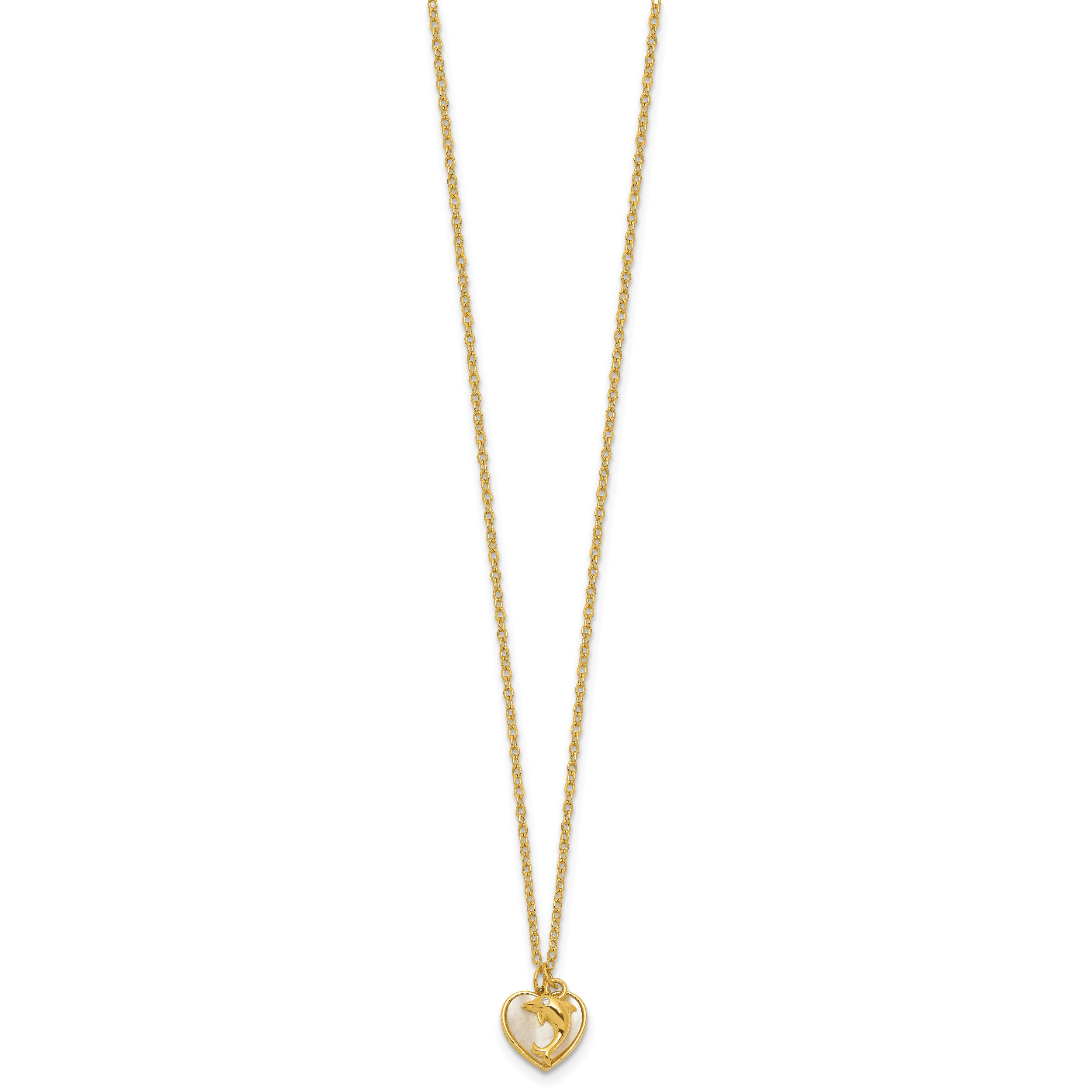Sterling Silver Gold-tone Polished Mother of Pearl and CZ Heart and Dolphin 16 Inch with 2 Inch Extension Necklace