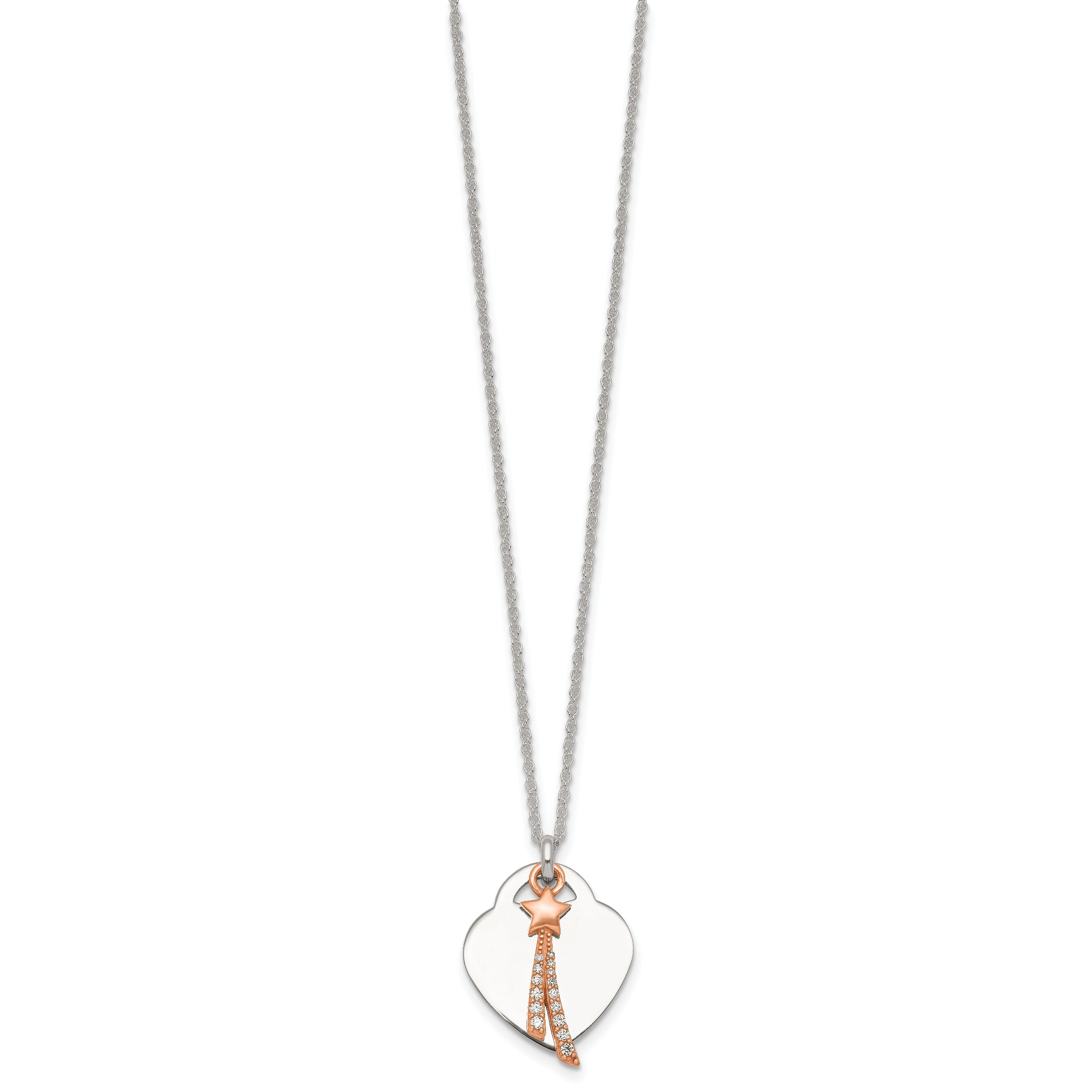 Sterling Silver with Rose-tone Polished White CZ Heart and Shooting Star Dangle 16 inch Necklace