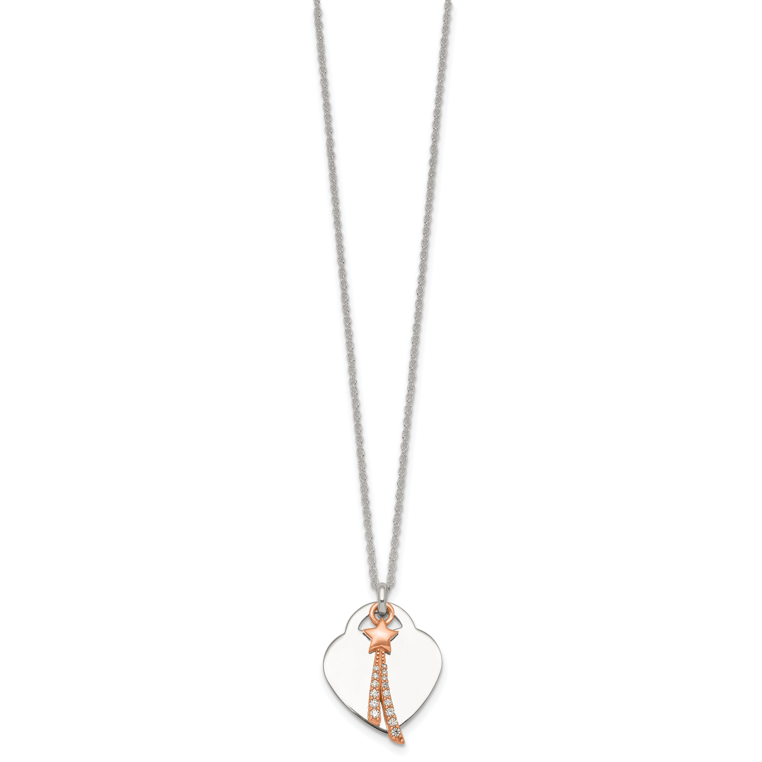 Sterling Silver with Rose-tone Polished White CZ Heart and Shooting Star Dangle 16 inch Necklace Secondary image
