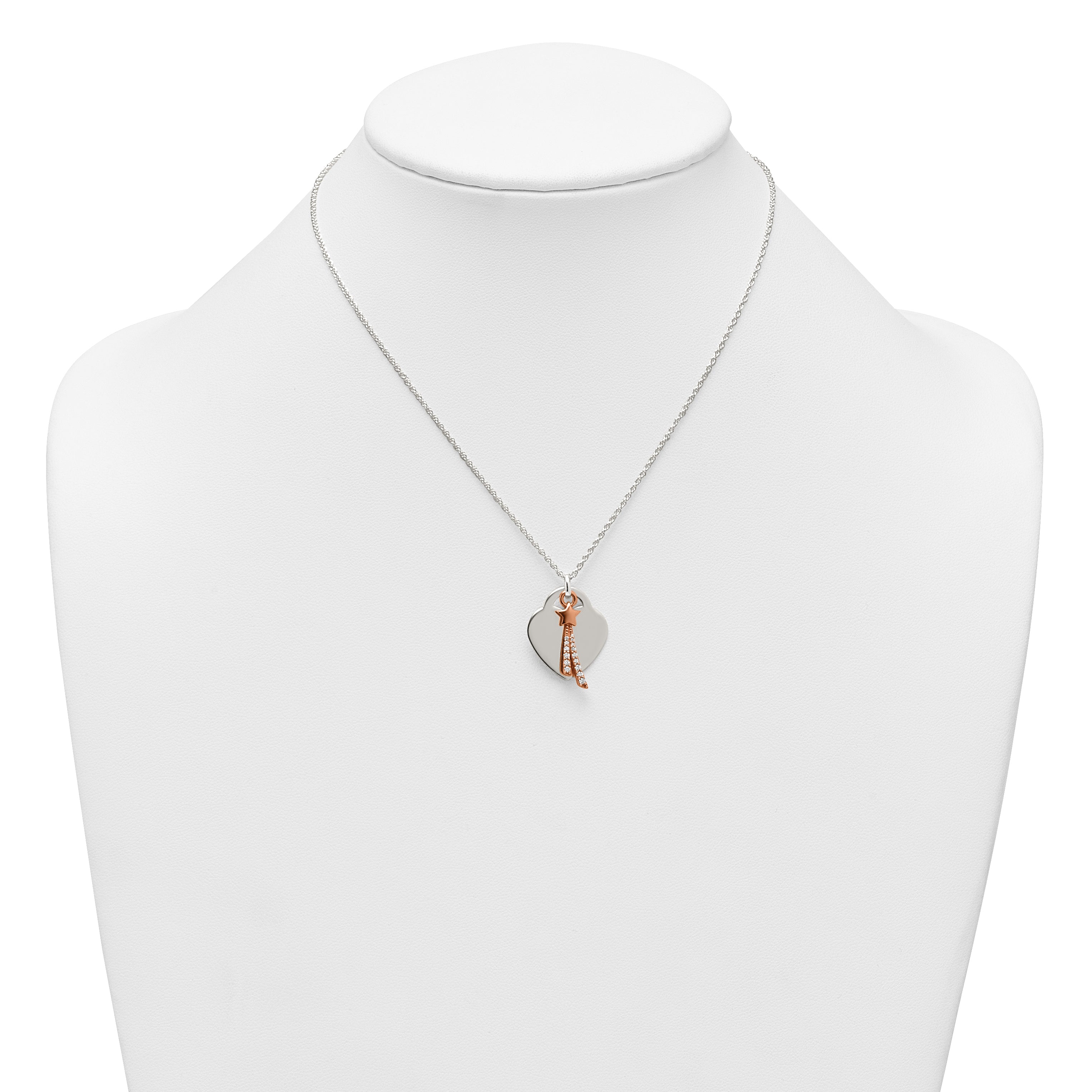Sterling Silver with Rose-tone Polished White CZ Heart and Shooting Star Dangle 16 inch Necklace