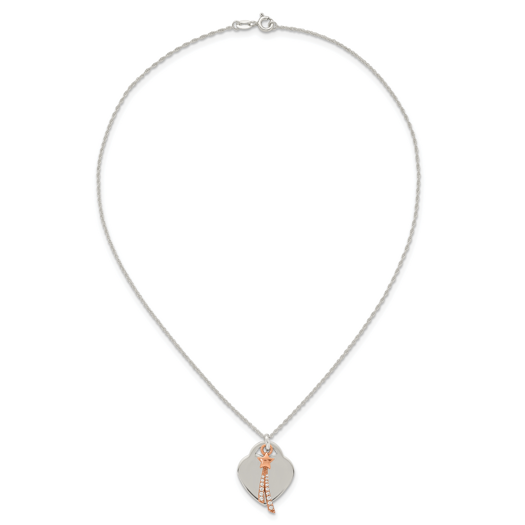 Sterling Silver with Rose-tone Polished White CZ Heart and Shooting Star Dangle 16 inch Necklace