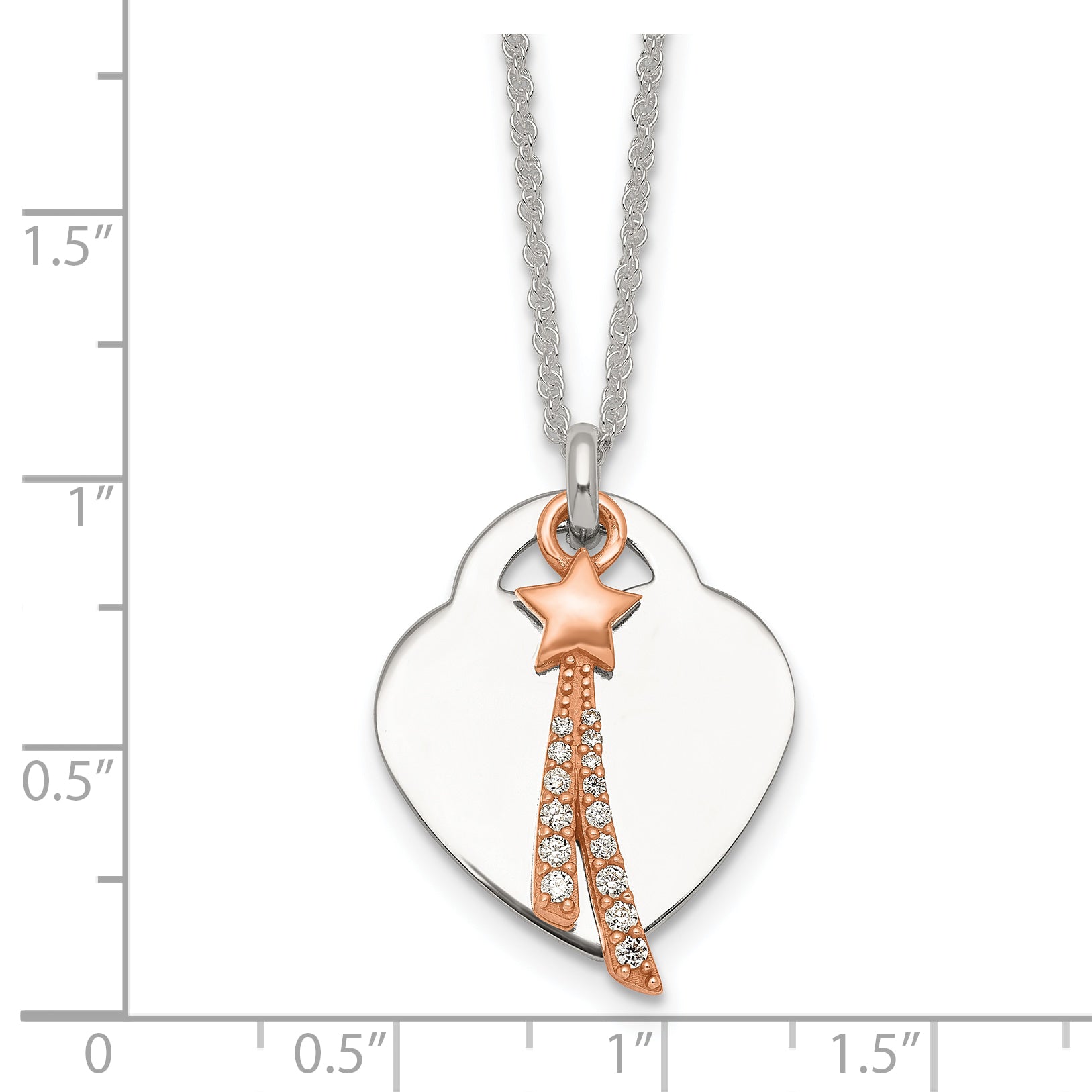 Sterling Silver with Rose-tone Polished White CZ Heart and Shooting Star Dangle 16 inch Necklace