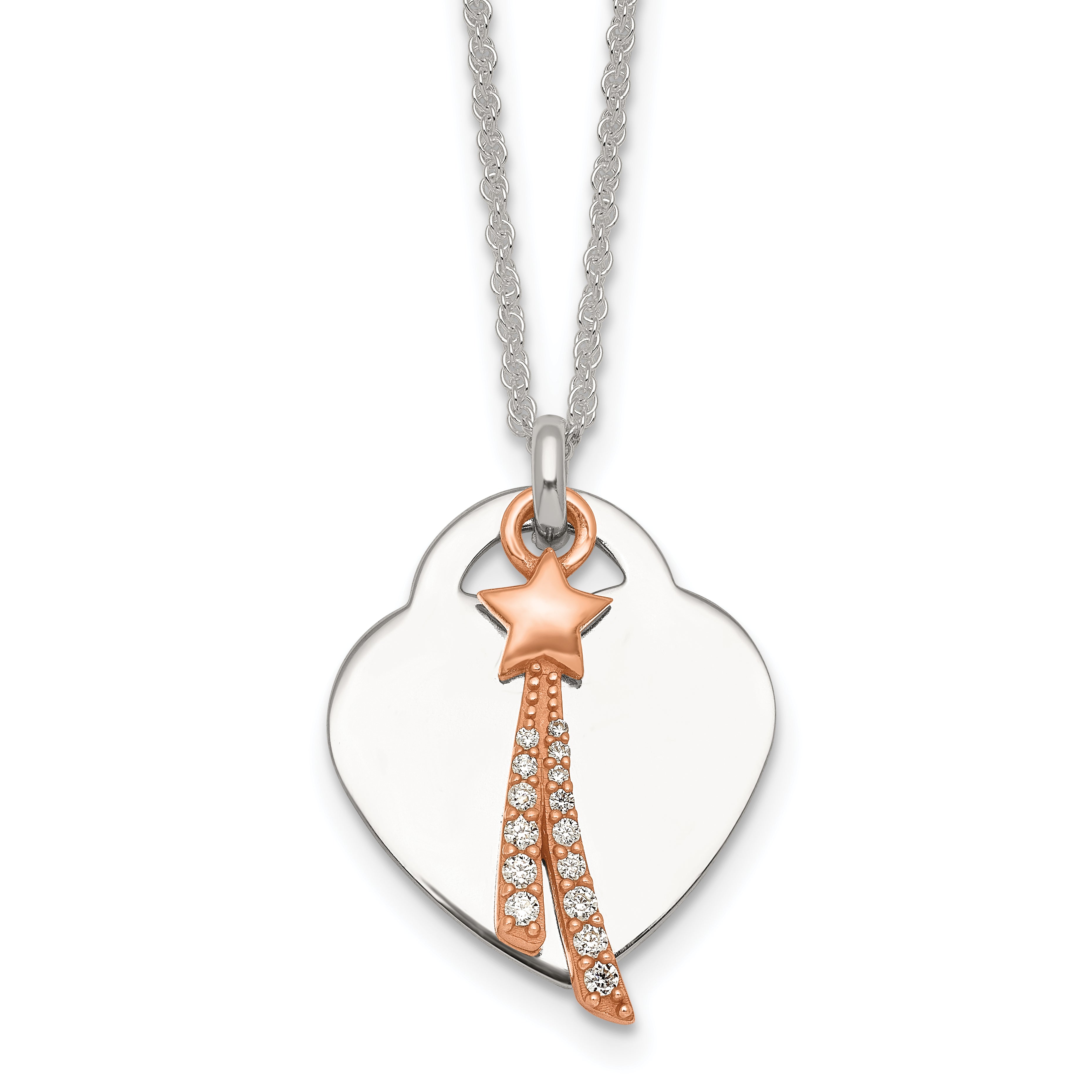 Sterling Silver with Rose-tone Polished White CZ Heart and Shooting Star Dangle 16 inch Necklace