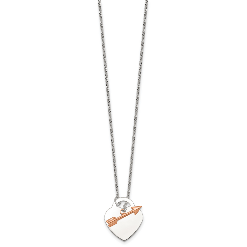 Sterling Silver with Rose-tone Polished Heart and Arrow 18 inch Toggle Necklace