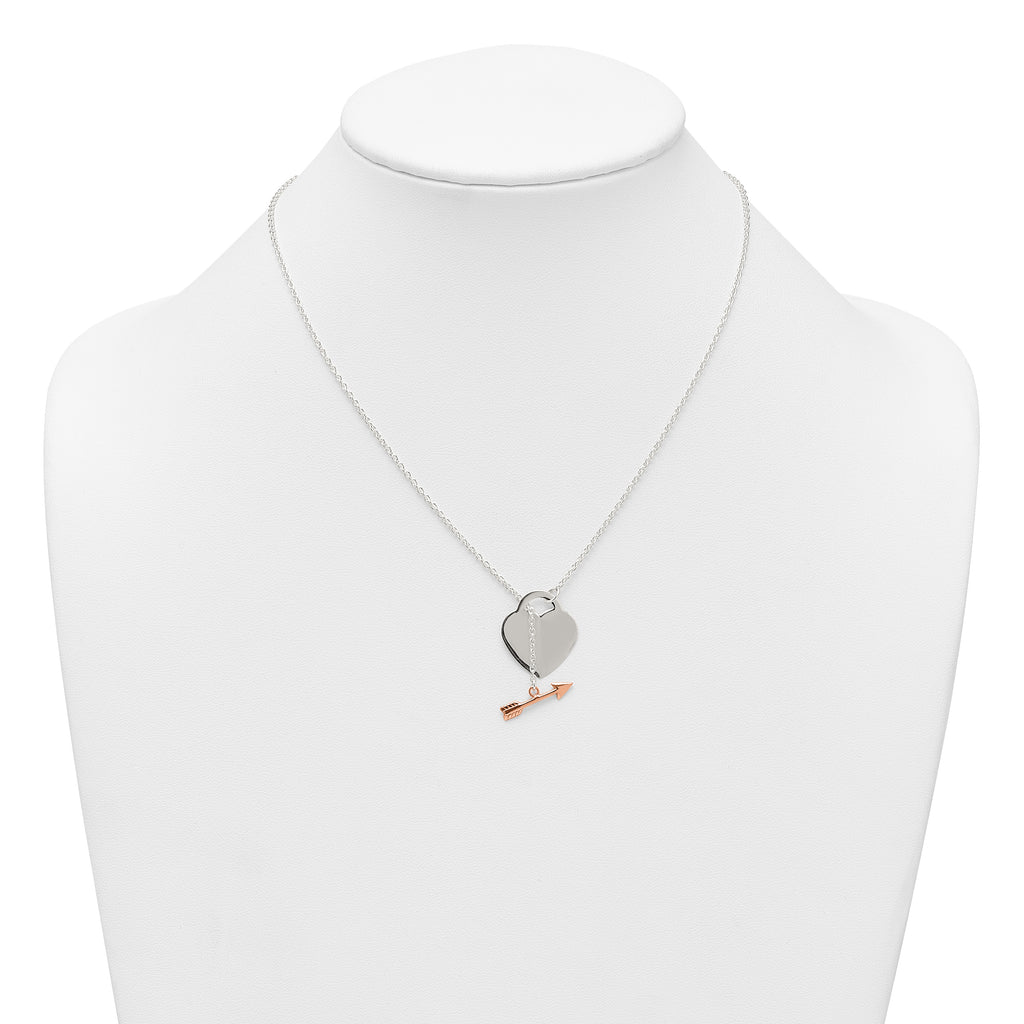Sterling Silver with Rose-tone Polished Heart and Arrow 18 inch Toggle Necklace