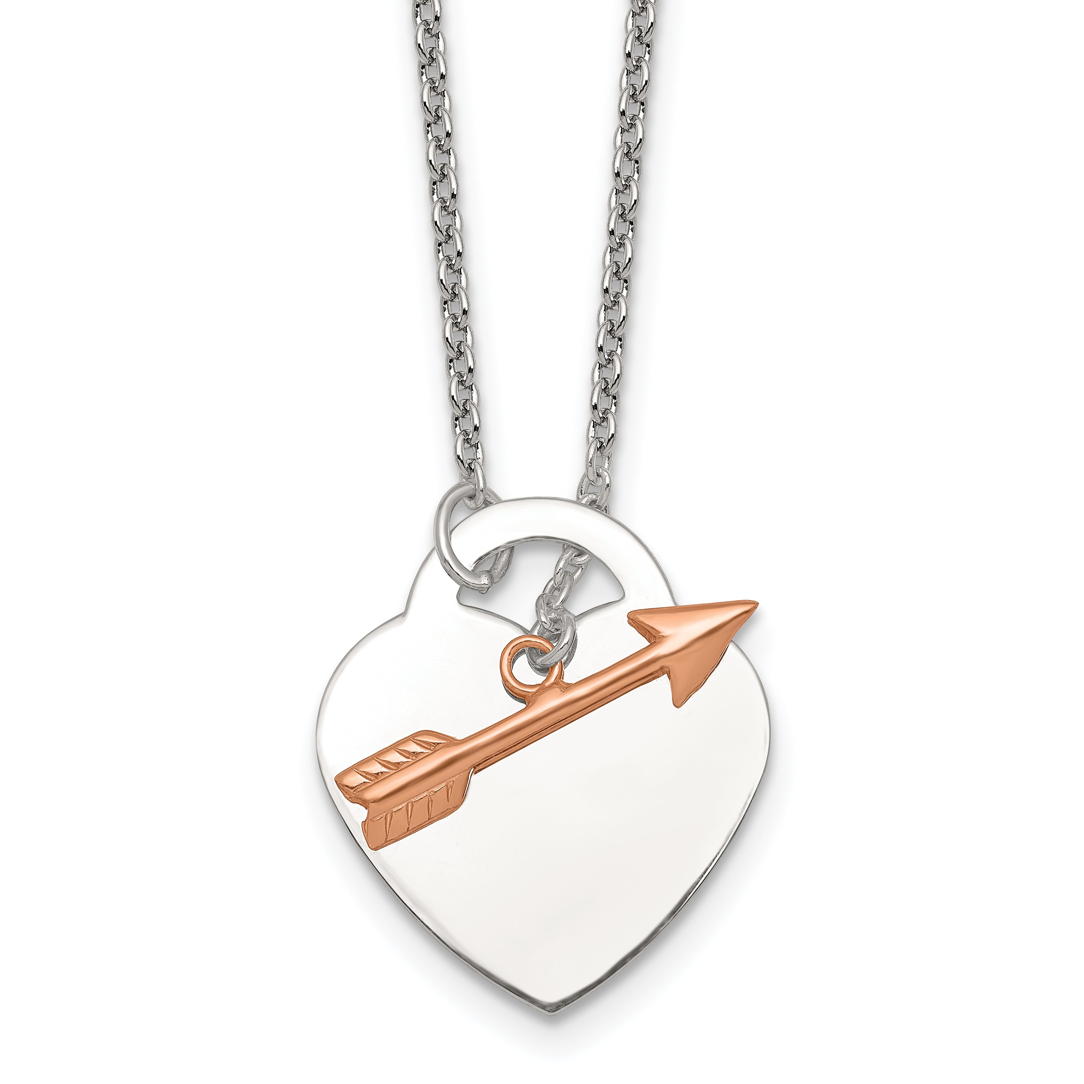 Sterling Silver with Rose-tone Polished Heart and Arrow 18 inch Toggle Necklace