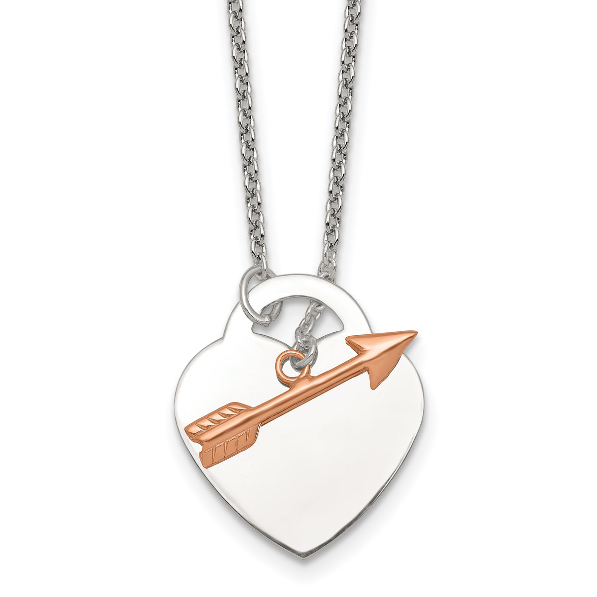 Sterling Silver with Rose-tone Polished Heart and Arrow 18 inch Toggle Necklace